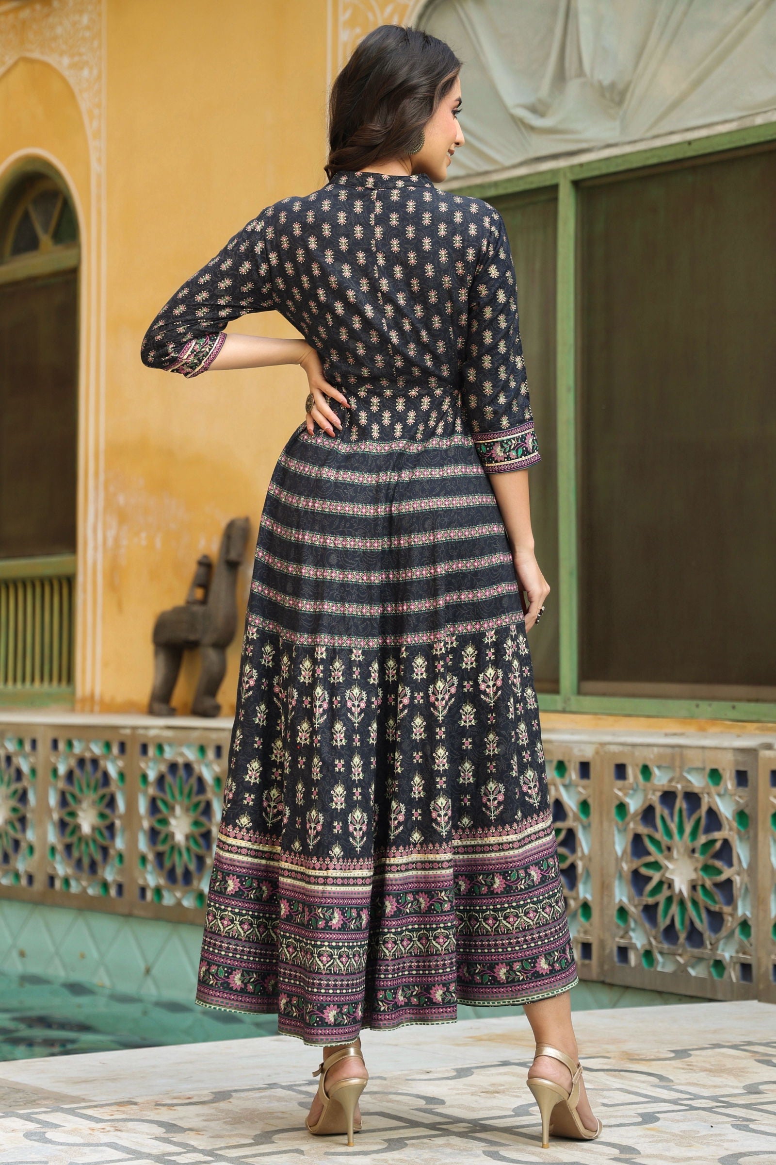Juniper Dark Blue Ethnic Motif Rayon Embroidered Flared Maxi Dress. 