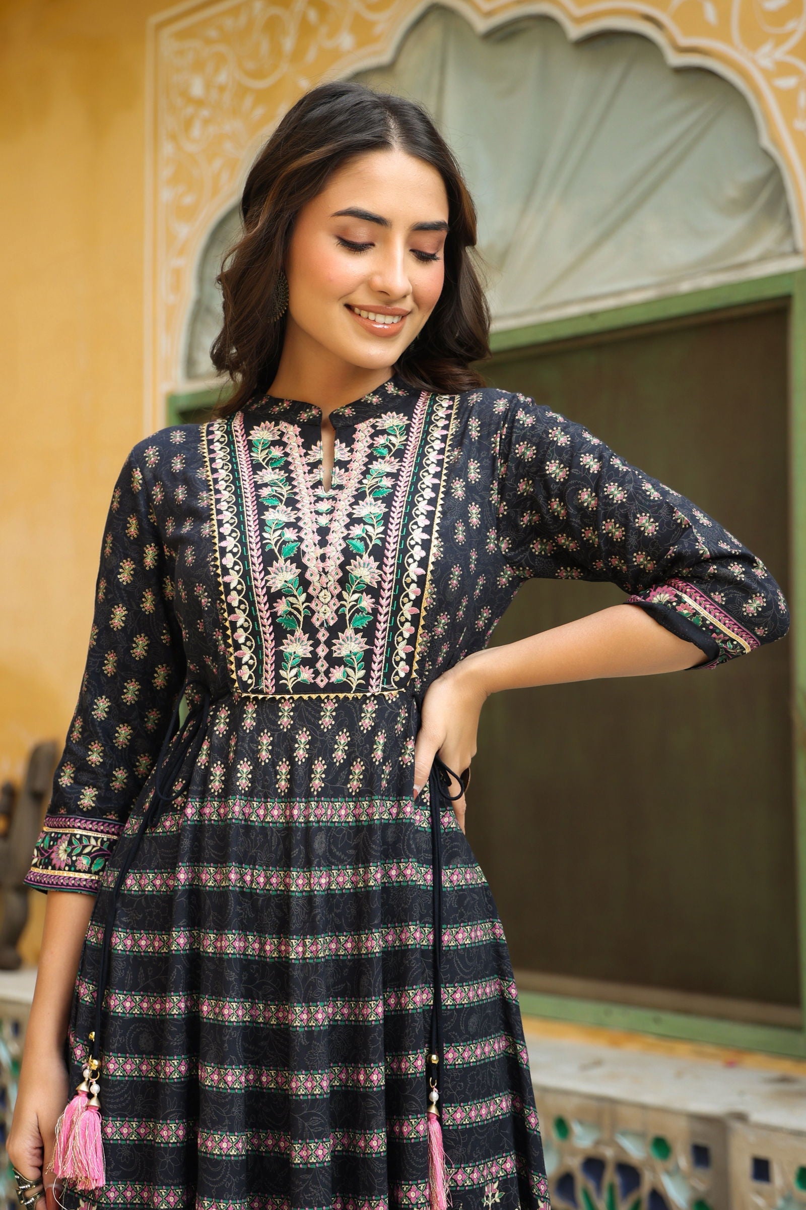 Juniper Dark Blue Ethnic Motif Rayon Embroidered Flared Maxi Dress. 