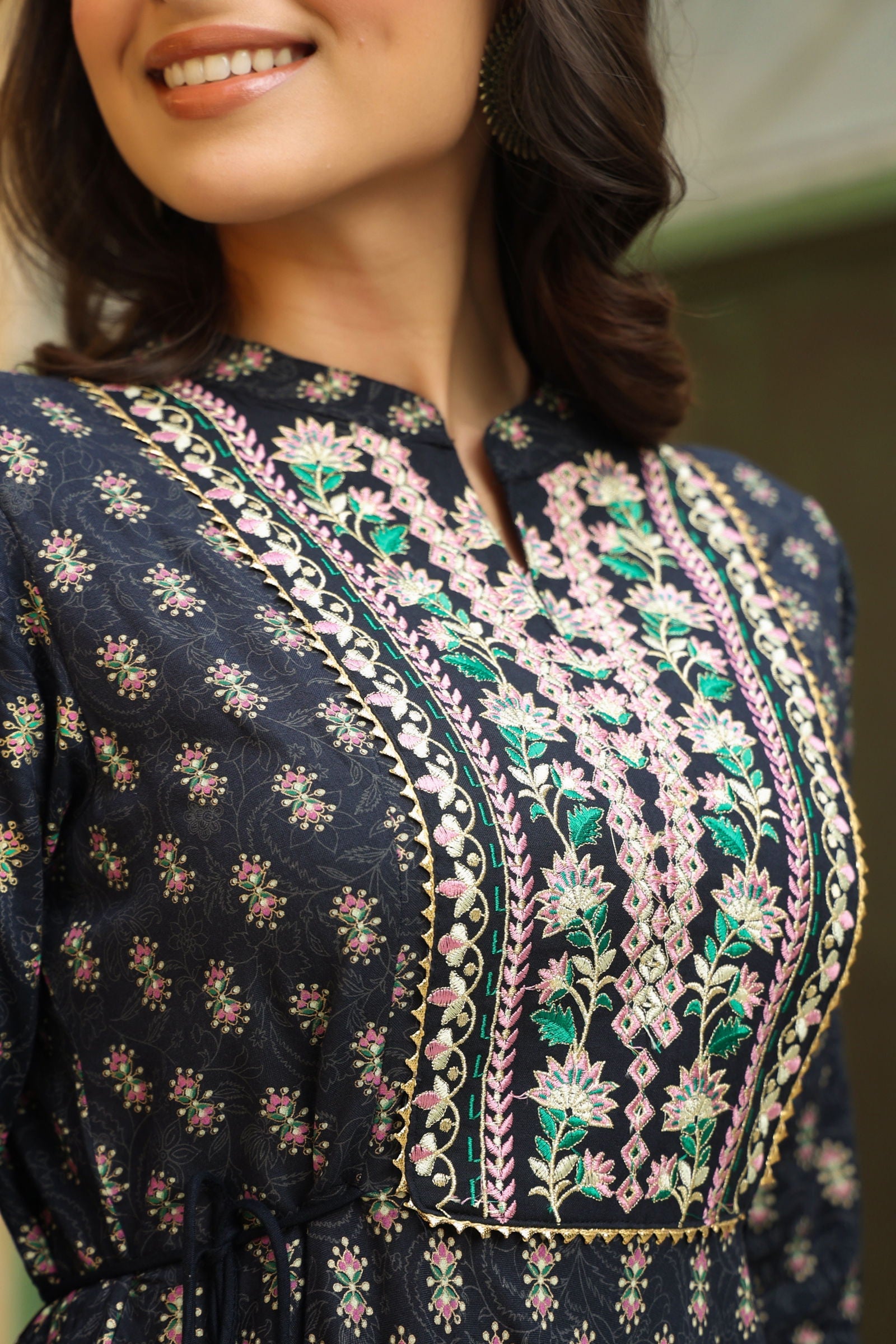 Juniper Dark Blue Ethnic Motif Rayon Embroidered Flared Maxi Dress. 