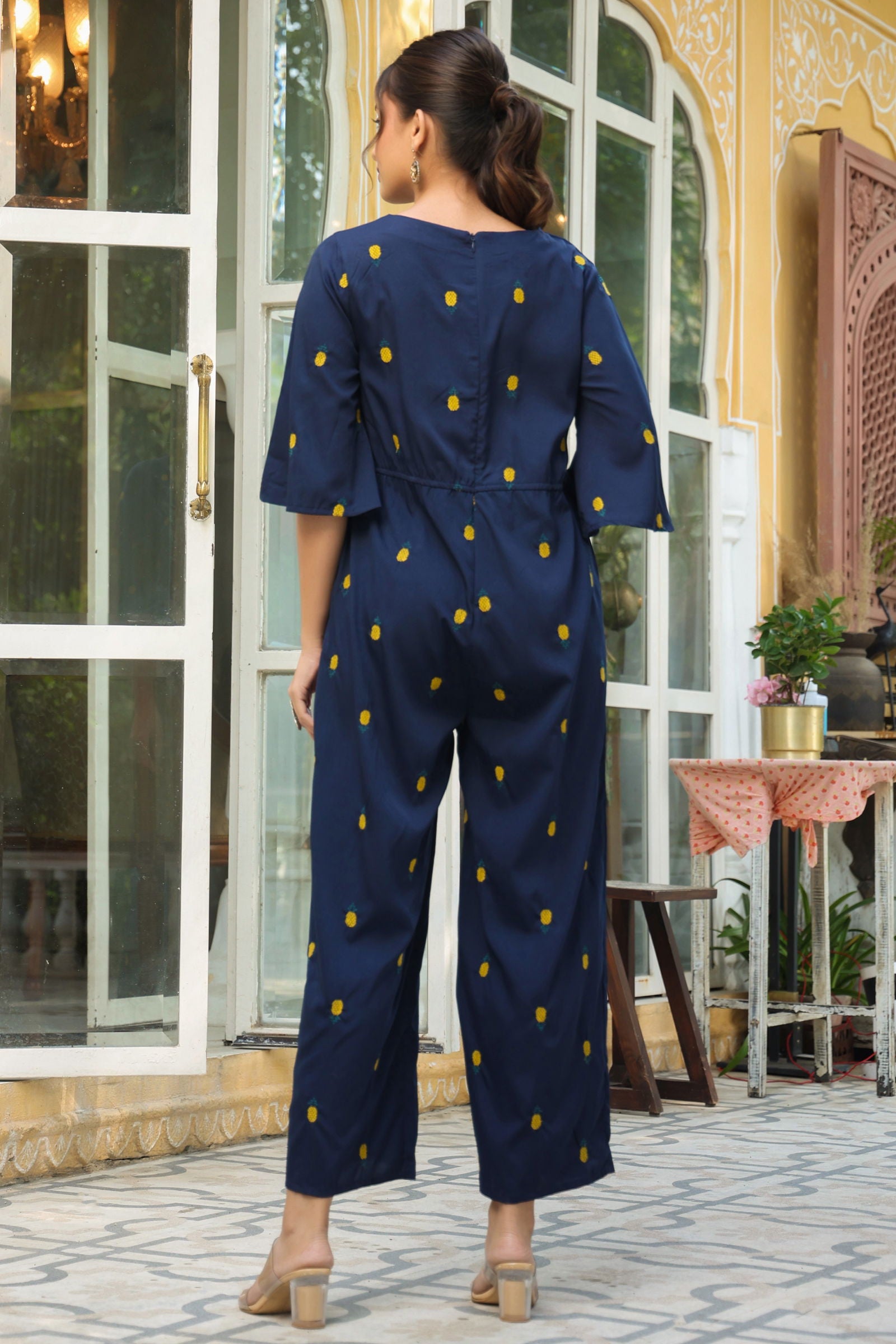 Juniper Dark Blue Quirky Printed Poly Crepe Jumpsuit With Thread Work Embroidery 