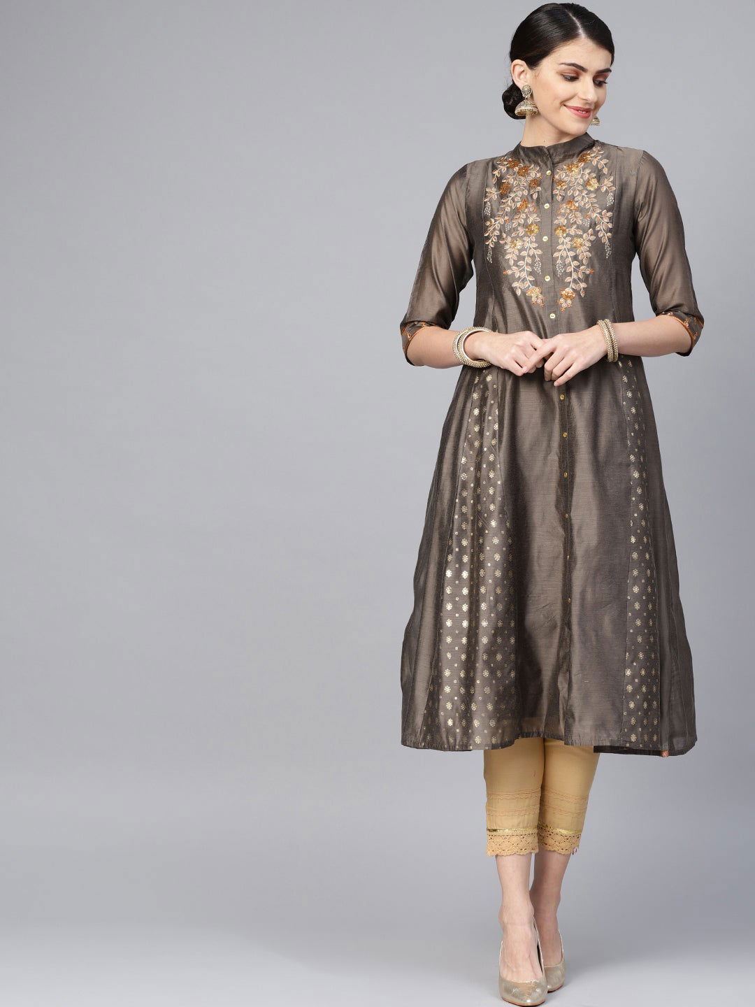 Juniper Dark Grey Chanderi Embroidered 2 Piece Kurta 
