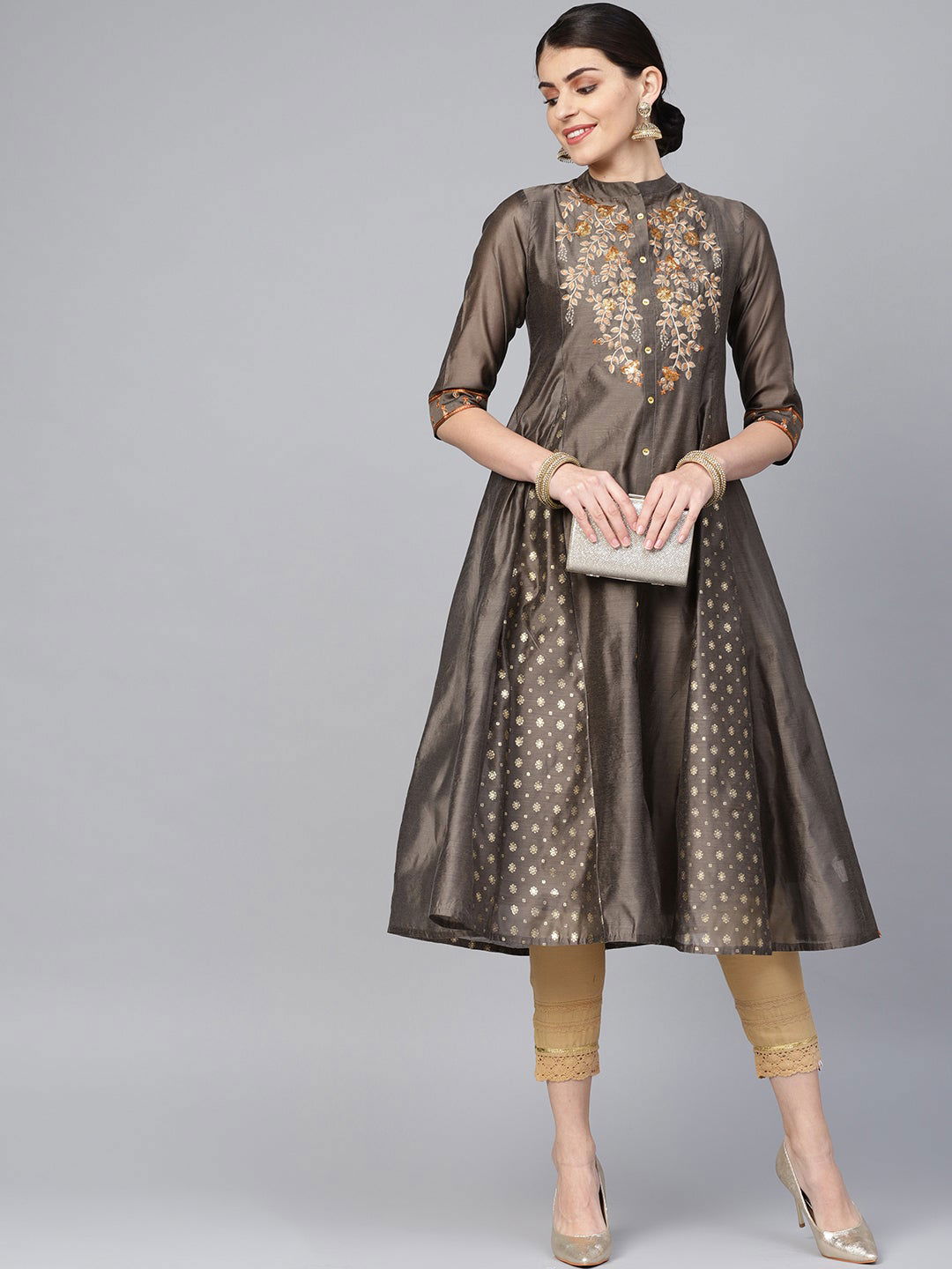 Juniper Dark Grey Chanderi Embroidered 2 Piece Kurta 