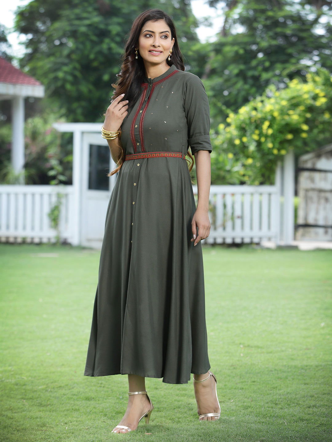 Juniper  Dark Olive Rayon Embroidered Maxi Dress With Buttons & Sequins Detail 