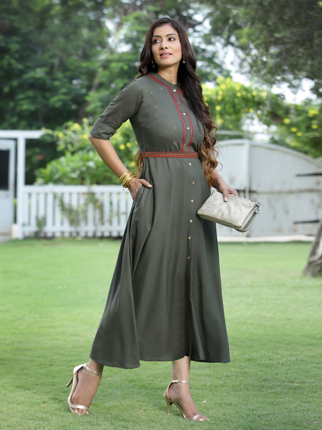 Juniper  Dark Olive Rayon Embroidered Maxi Dress With Buttons & Sequins Detail 