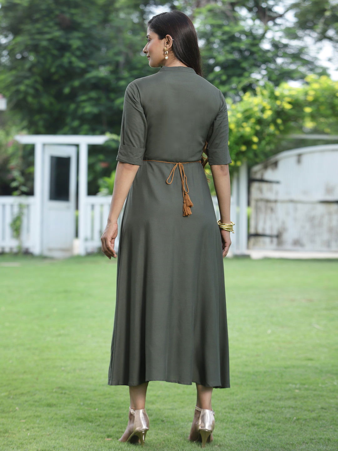 Juniper  Dark Olive Rayon Embroidered Maxi Dress With Buttons & Sequins Detail 