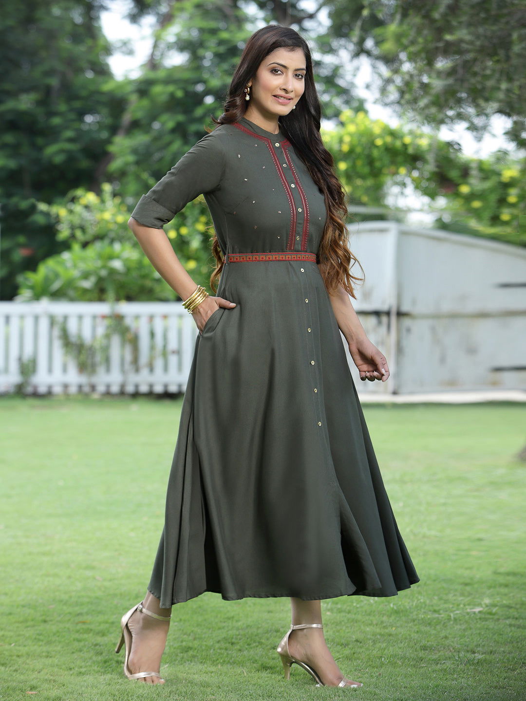 Juniper  Dark Olive Rayon Embroidered Maxi Dress With Buttons & Sequins Detail 