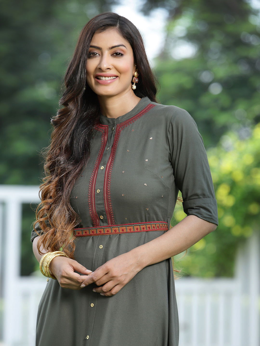 Juniper  Dark Olive Rayon Embroidered Maxi Dress With Buttons & Sequins Detail 