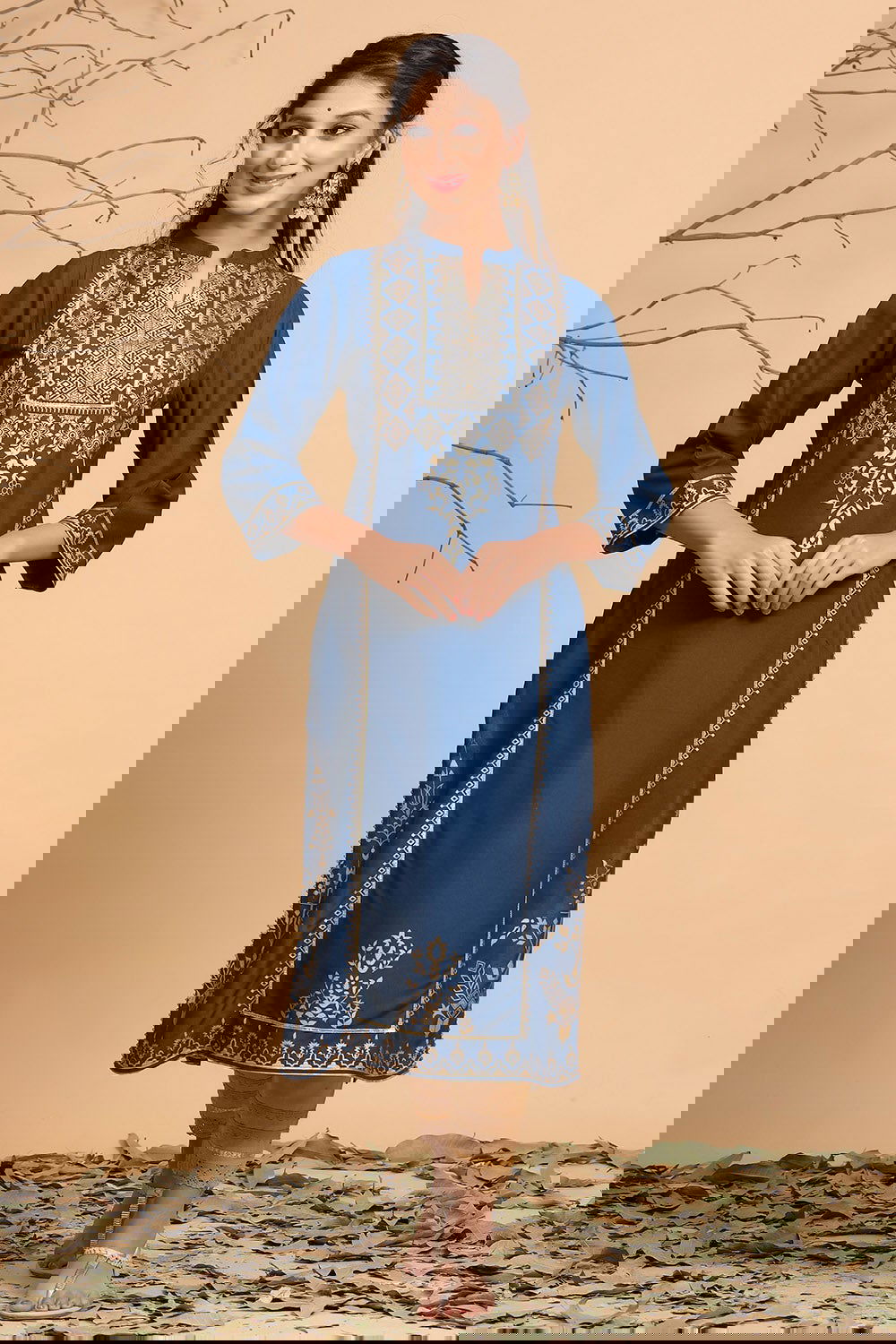 Juniper Dark Teal Ethnic Motif Printed Rayon Straight Kurta & Dupatta Set With Buttons. 