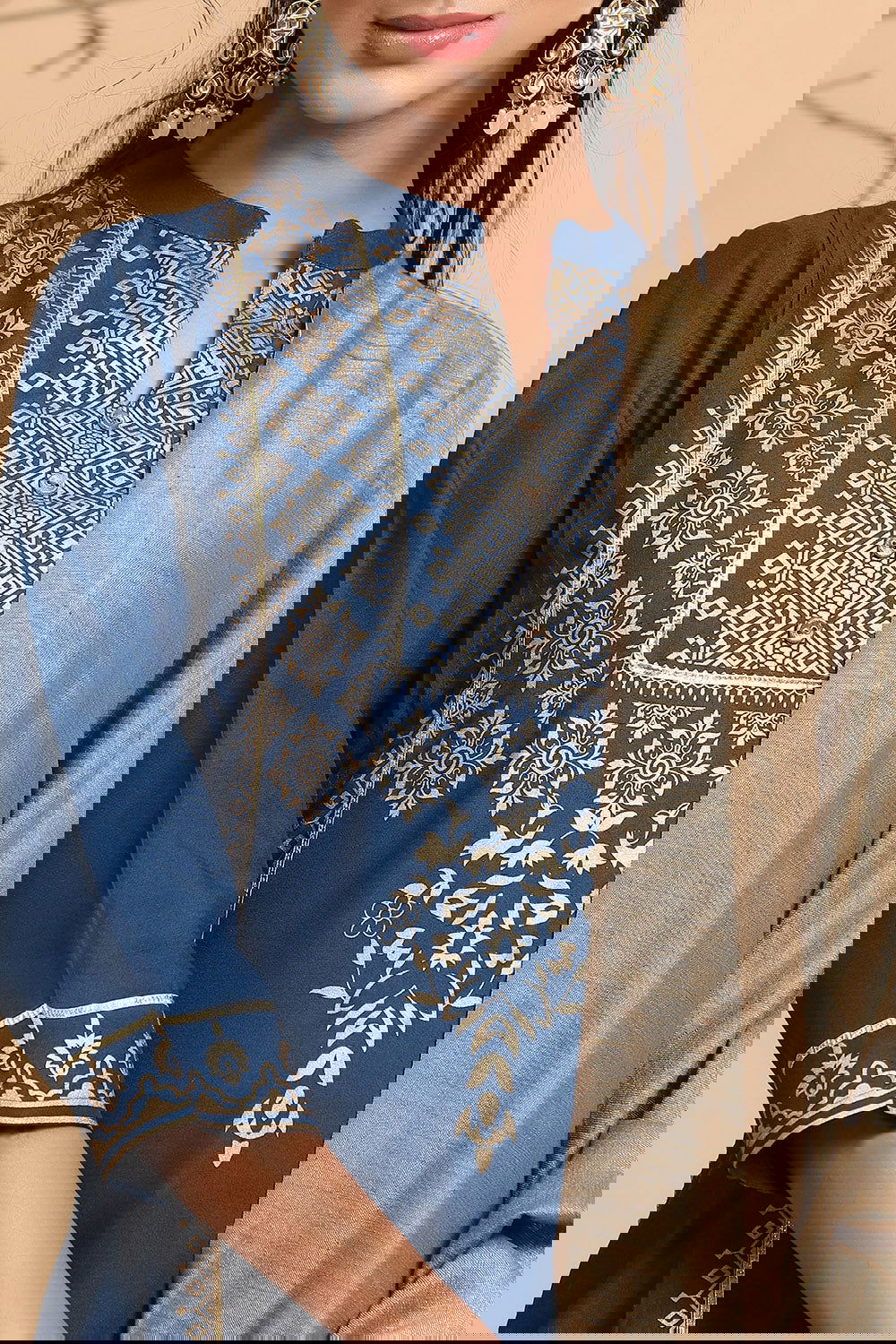 Juniper Dark Teal Ethnic Motif Printed Rayon Straight Kurta & Dupatta Set With Buttons. 