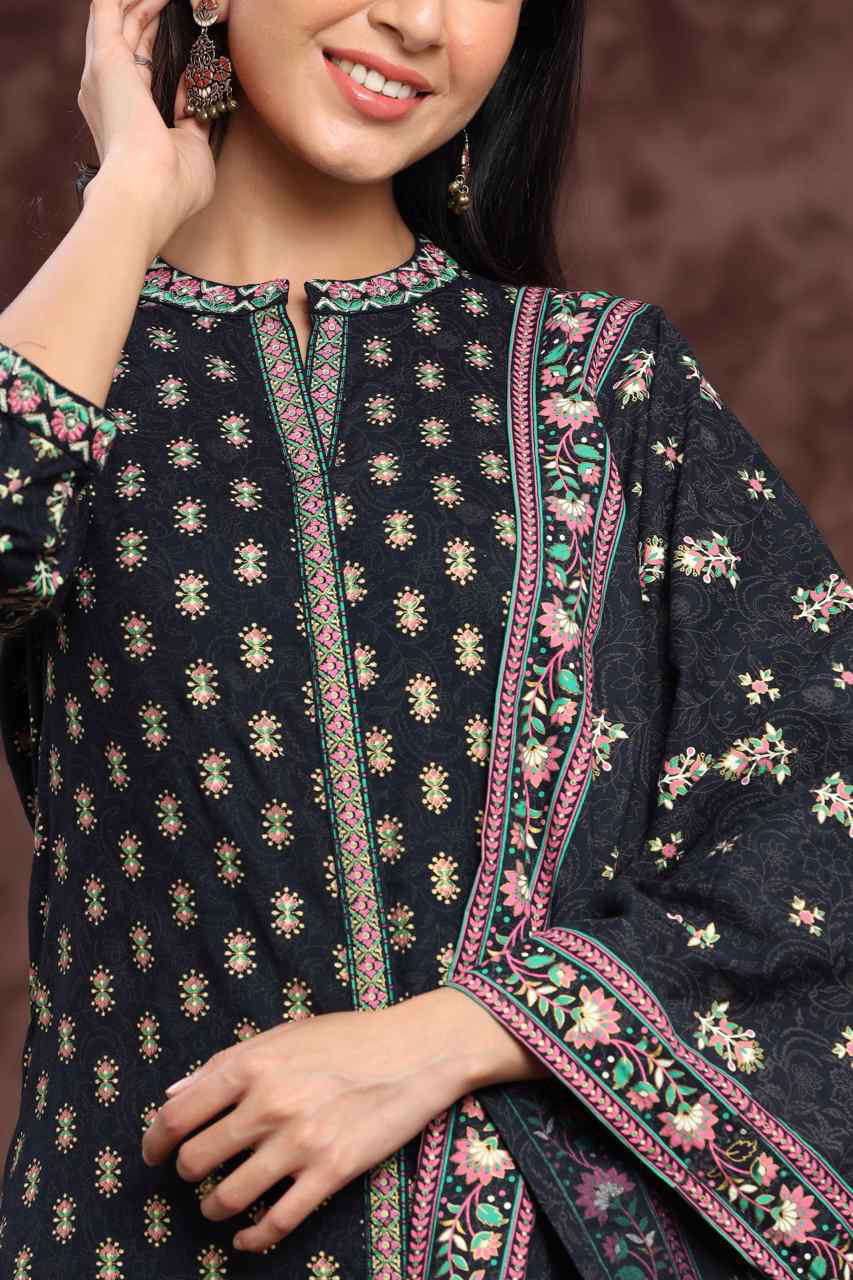 Juniper Darkblue LIVA Rayon Printed A-Line Kurta Pant Dupatta Sets 