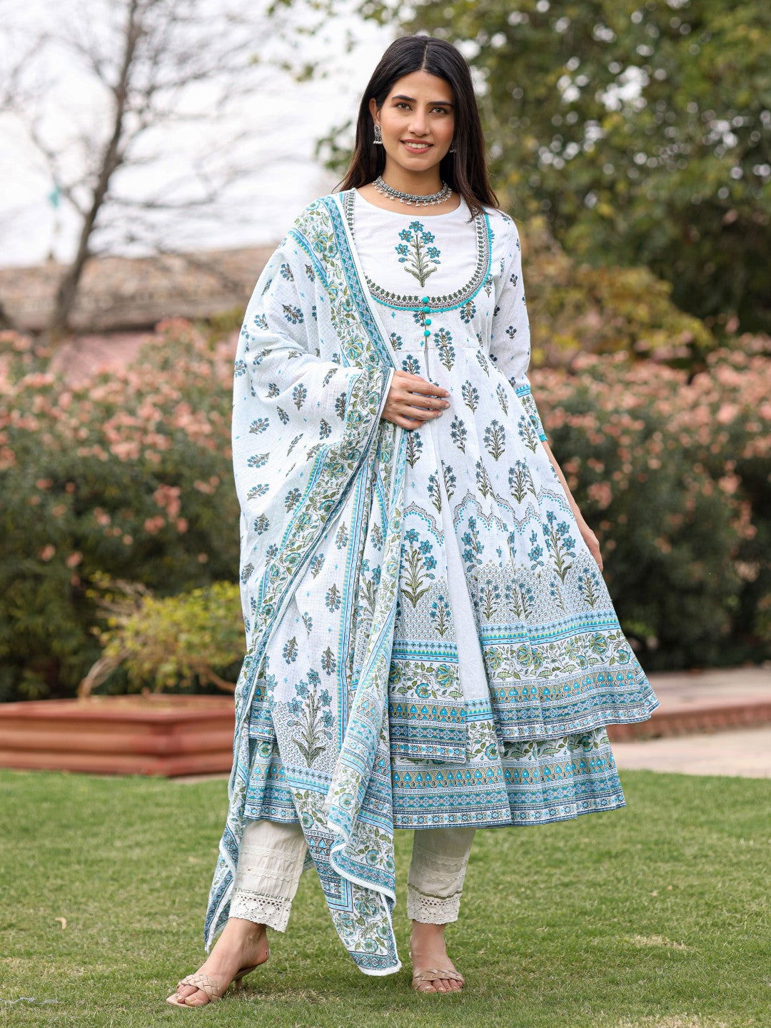 Juniper Ethnic Motif Print Cotton Cambric Anarkali Kurta & Kota doria dupatta & Pants with tread embroidery 