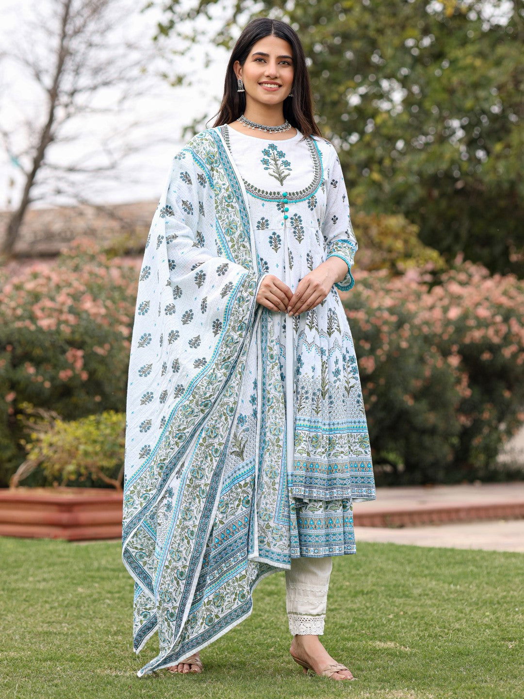 Juniper Ethnic Motif Print Cotton Cambric Anarkali Kurta & Kota doria dupatta & Pants with tread embroidery 