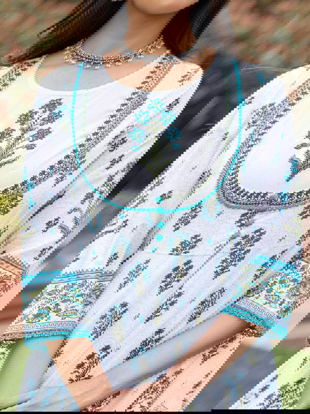 Juniper Ethnic Motif Print Cotton Cambric Anarkali Kurta & Kota doria dupatta & Pants with tread embroidery 