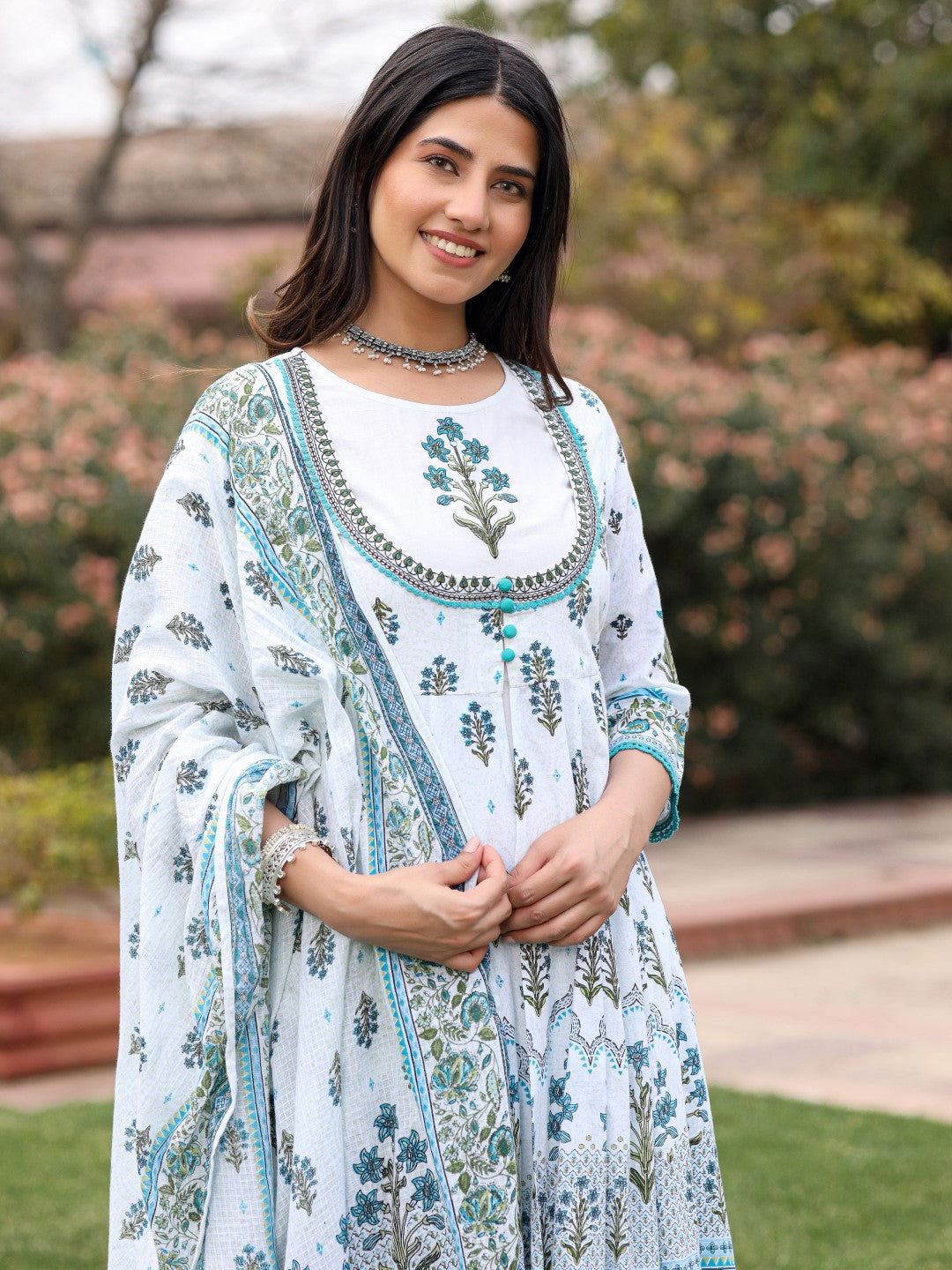 Juniper Ethnic Motif Print Cotton Cambric Anarkali Kurta & Kota doria dupatta & Pants with tread embroidery 