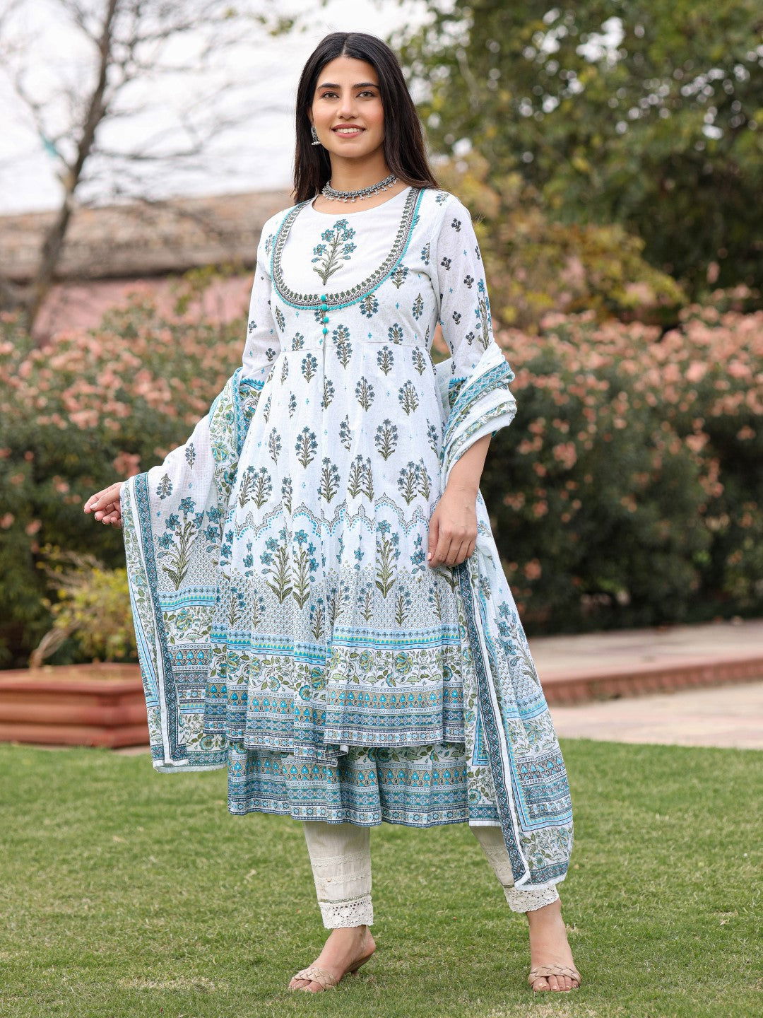 Juniper Ethnic Motif Print Cotton Cambric Anarkali Kurta & Kota doria dupatta & Pants with tread embroidery 