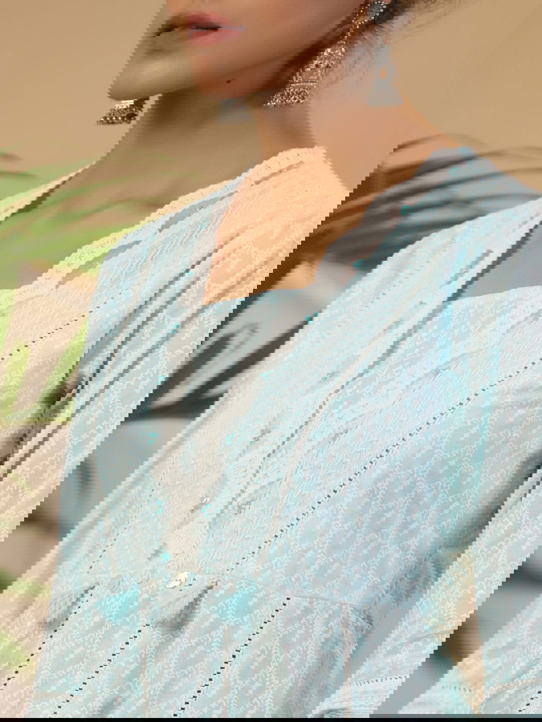 Juniper Ethnic Motif Print & Lacy Pure Cotton Kurta With Pant & Dupatta Set With Tassel Sequin & Buttons 