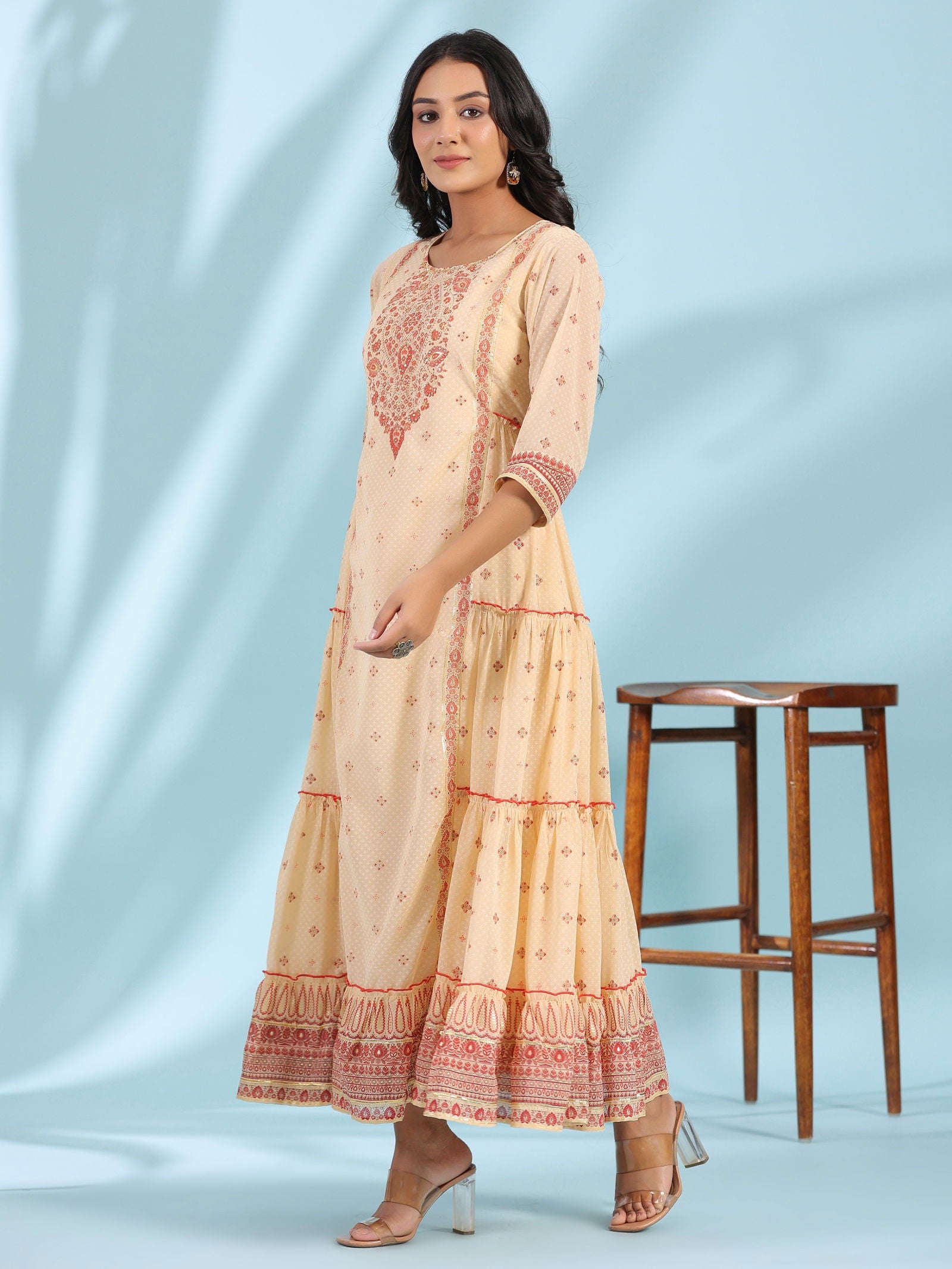 Juniper Festive Ivory Ethnic Motif Printed Tiered Dress With Sequins & Beadwork 