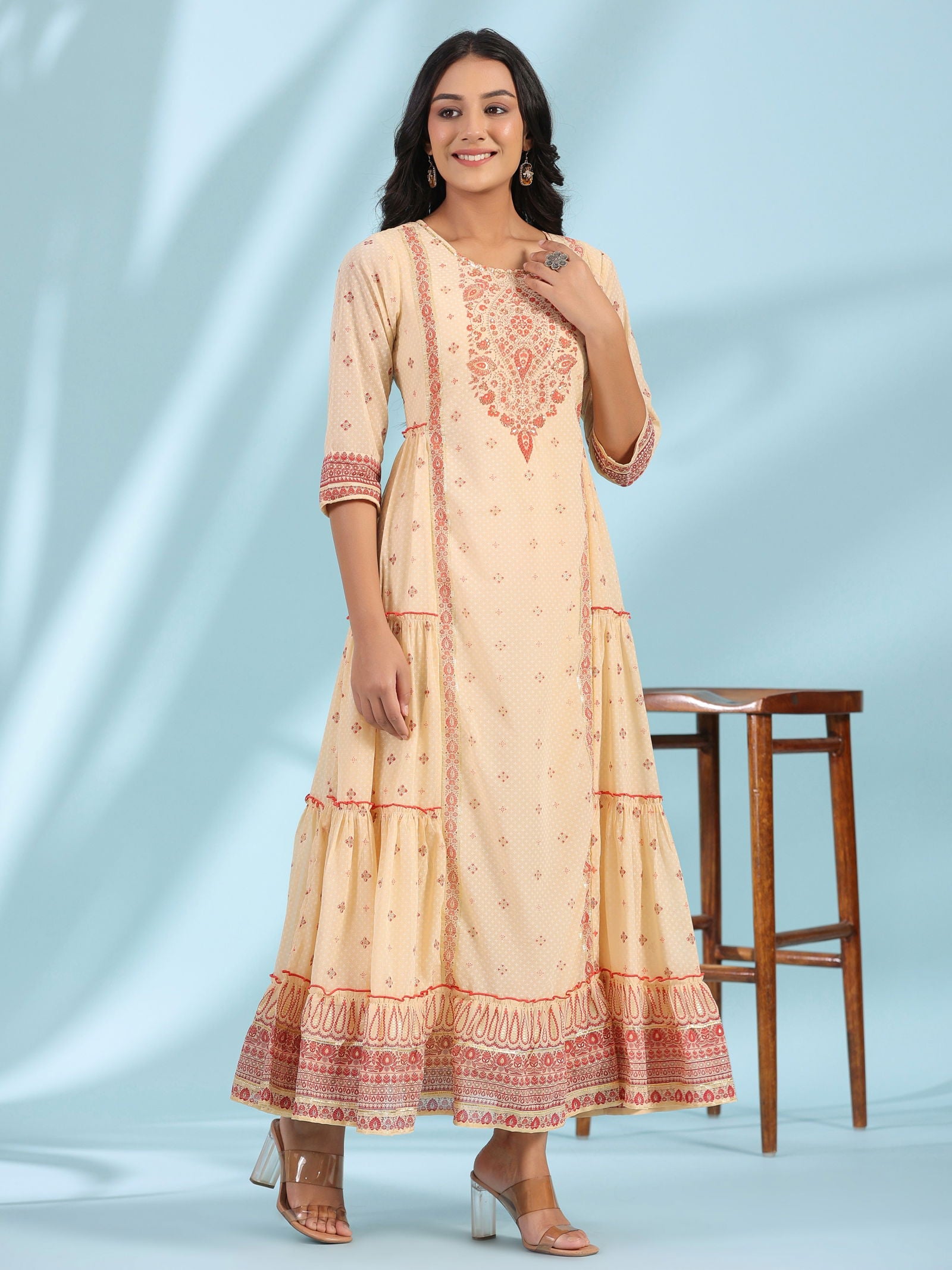 Juniper Festive Ivory Ethnic Motif Printed Tiered Dress With Sequins & Beadwork 