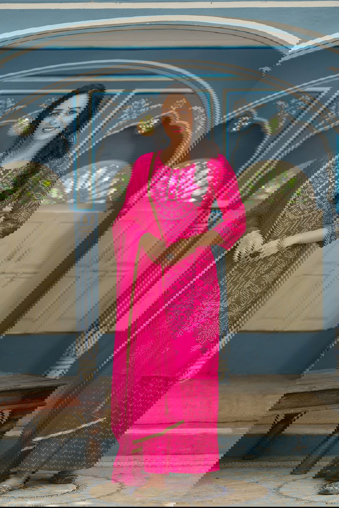 Juniper Fuchsia Bandhani Printed Satin Kurta Palazzo & Net Dupatta set with Beads & Lace Work 