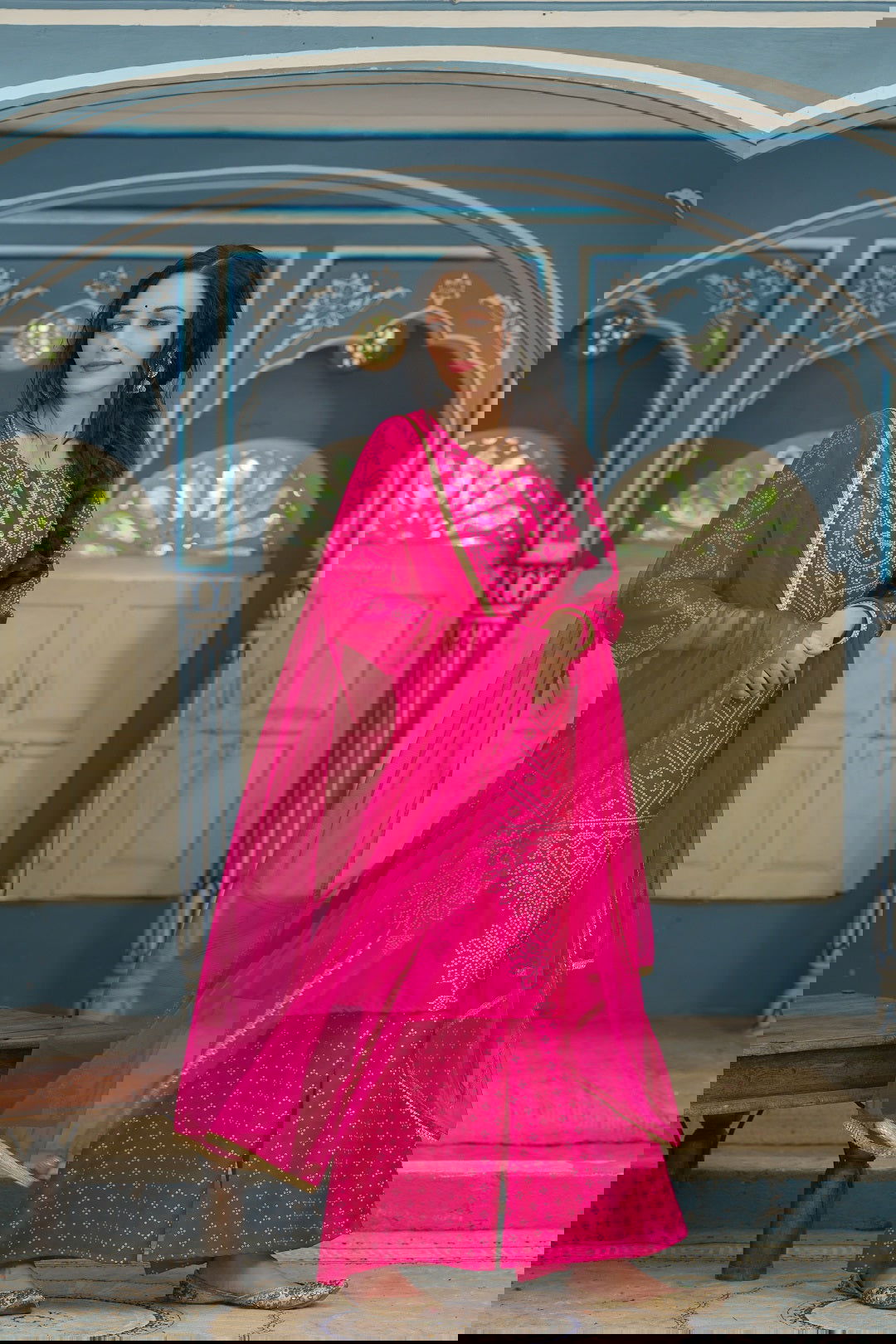 Juniper Fuchsia Bandhani Printed Satin Kurta Palazzo & Net Dupatta set with Beads & Lace Work 