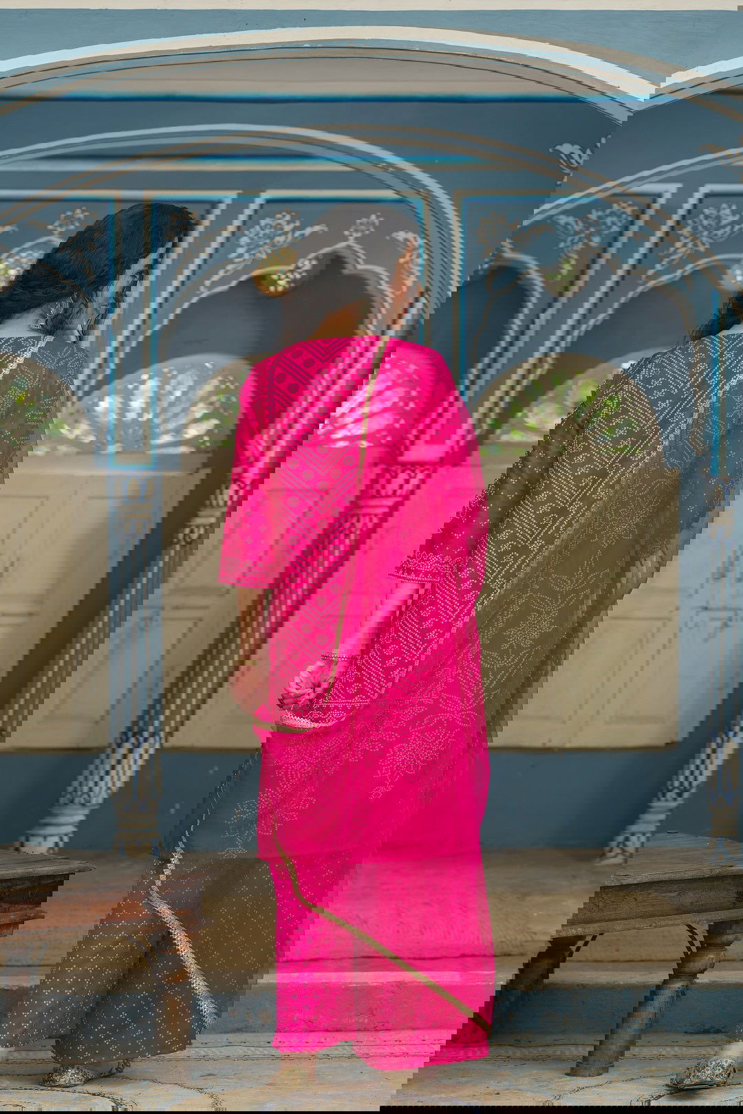 Juniper Fuchsia Bandhani Printed Satin Kurta Palazzo & Net Dupatta set with Beads & Lace Work 