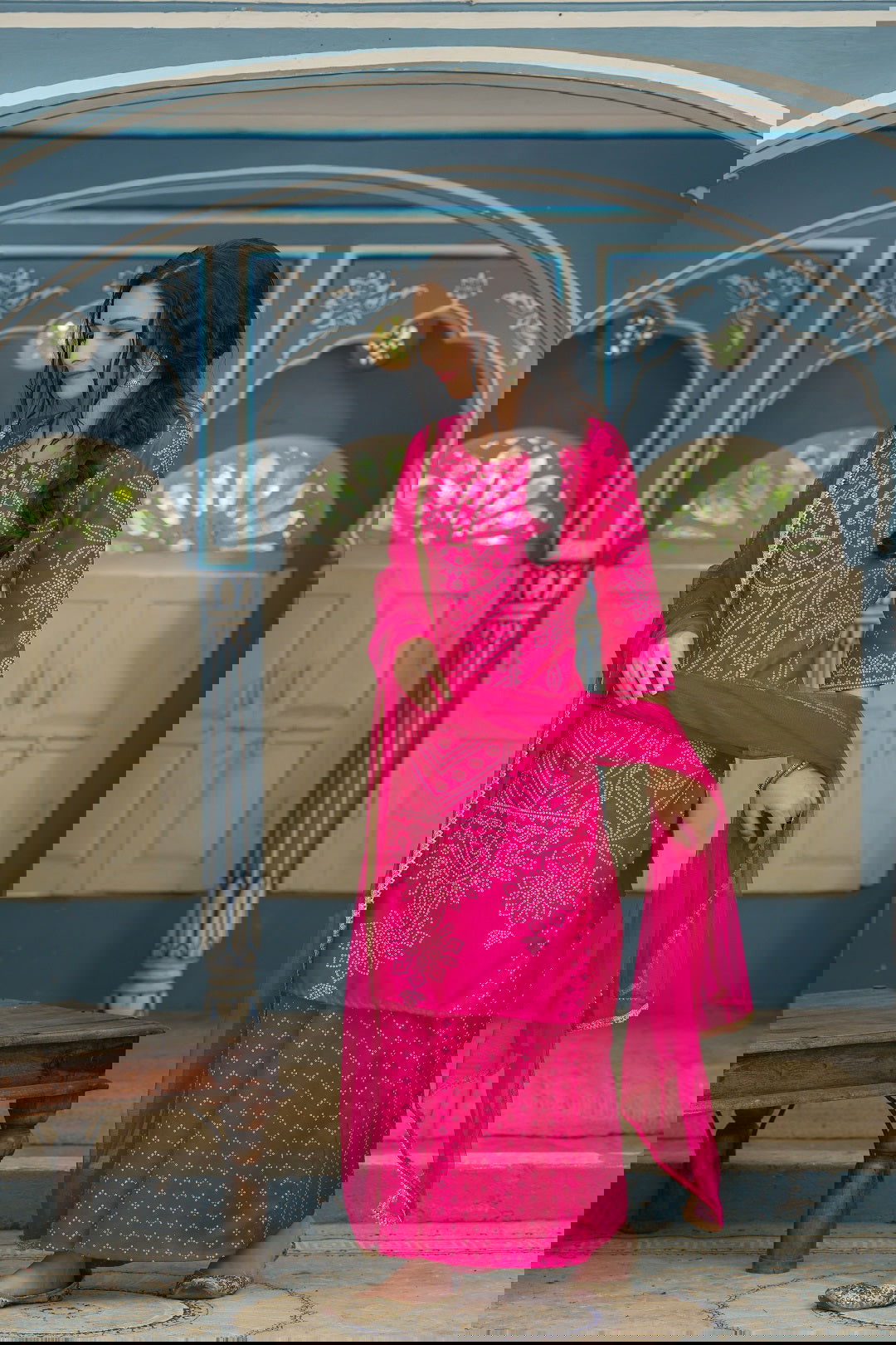 Juniper Fuchsia Bandhani Printed Satin Kurta Palazzo & Net Dupatta set with Beads & Lace Work 