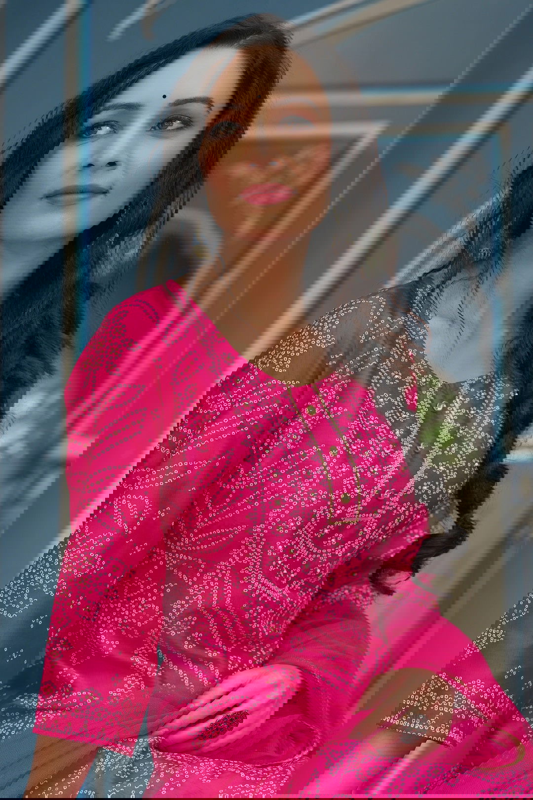 Juniper Fuchsia Bandhani Printed Satin Kurta Palazzo & Net Dupatta set with Beads & Lace Work 