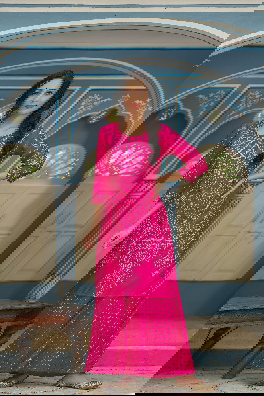 Juniper Fuchsia Bandhani Printed Satin Kurta Palazzo & Net Dupatta set with Beads & Lace Work 