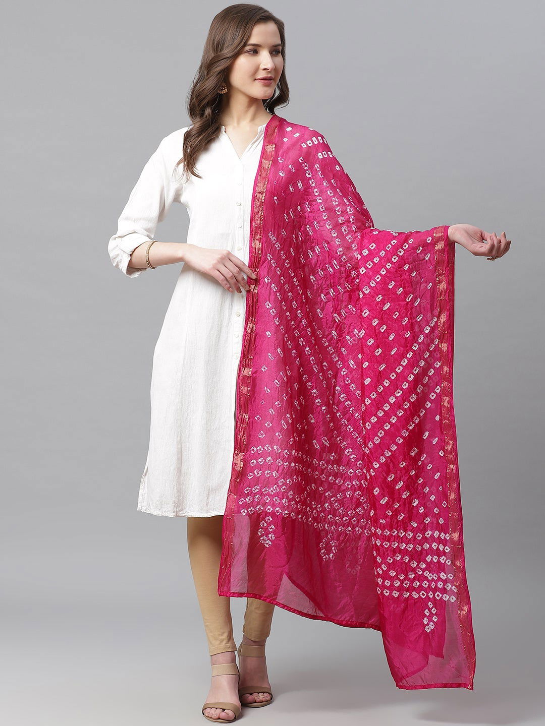 Juniper Fuchsia Bandhani Tie-Dye Shantoon Dupatta For Women 