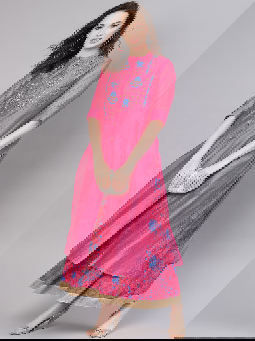 Juniper Fuchsia Chanderi Ethnic Motif Printed Layered Maxi Dress With Thread Work Embroidery 