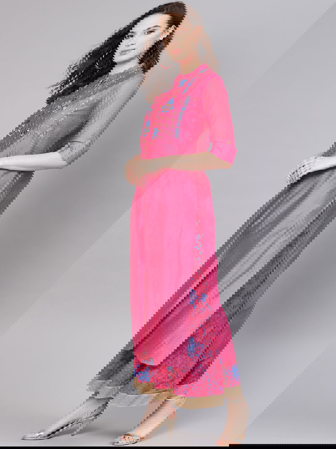 Juniper Fuchsia Chanderi Ethnic Motif Printed Layered Maxi Dress With Thread Work Embroidery 