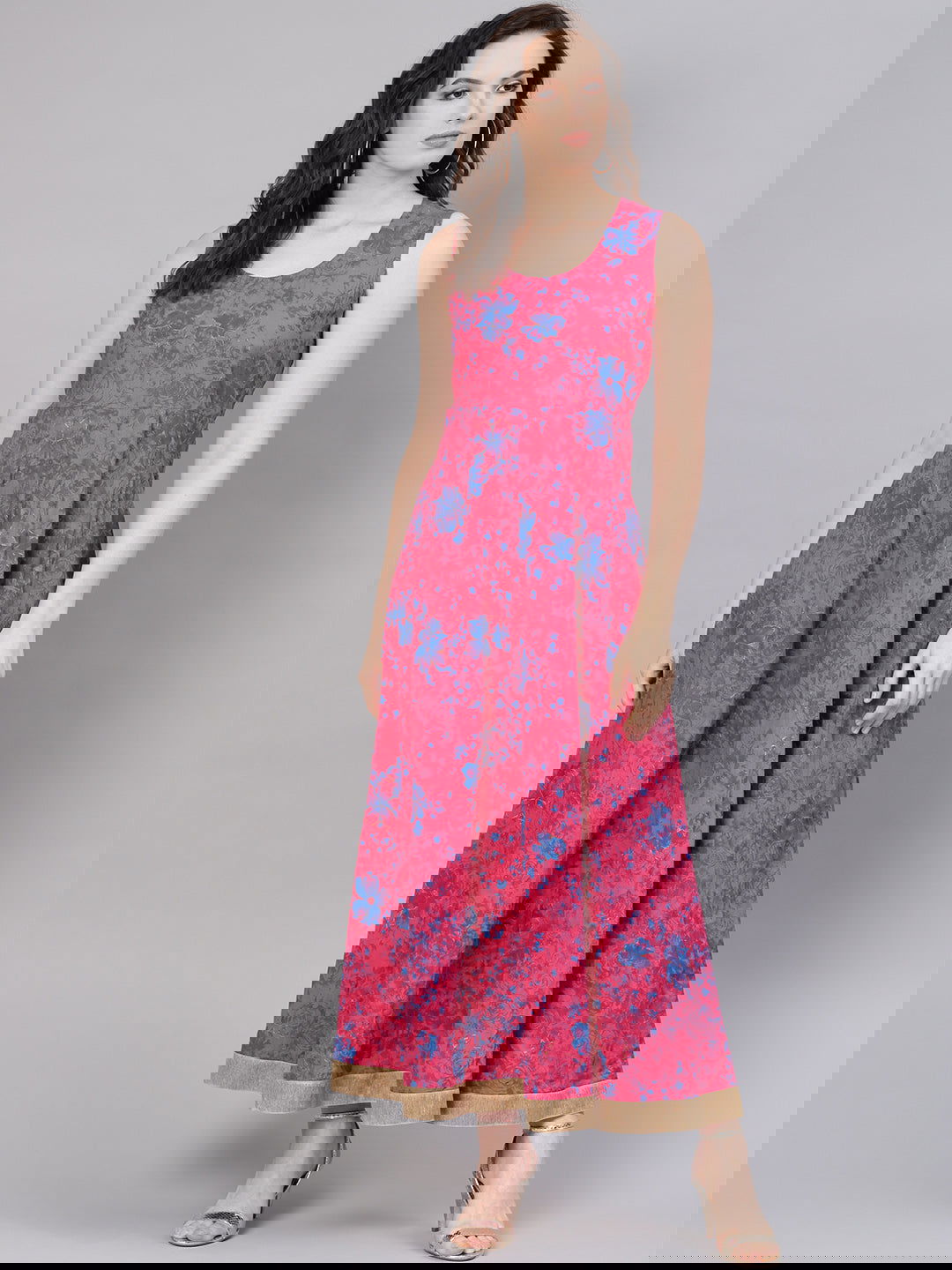 Juniper Fuchsia Chanderi Ethnic Motif Printed Layered Maxi Dress With Thread Work Embroidery 