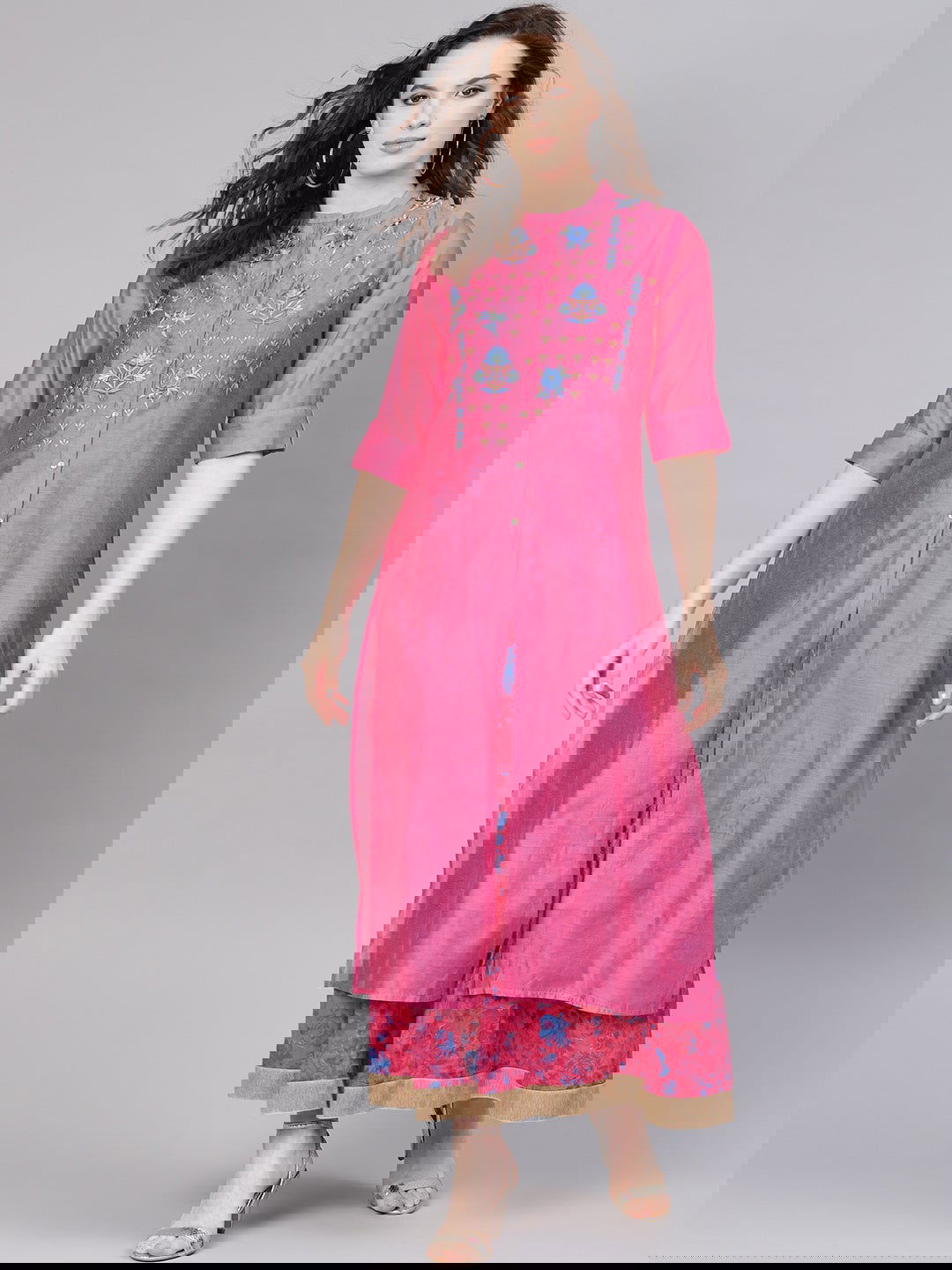 Juniper Fuchsia Chanderi Ethnic Motif Printed Layered Maxi Dress With Thread Work Embroidery 