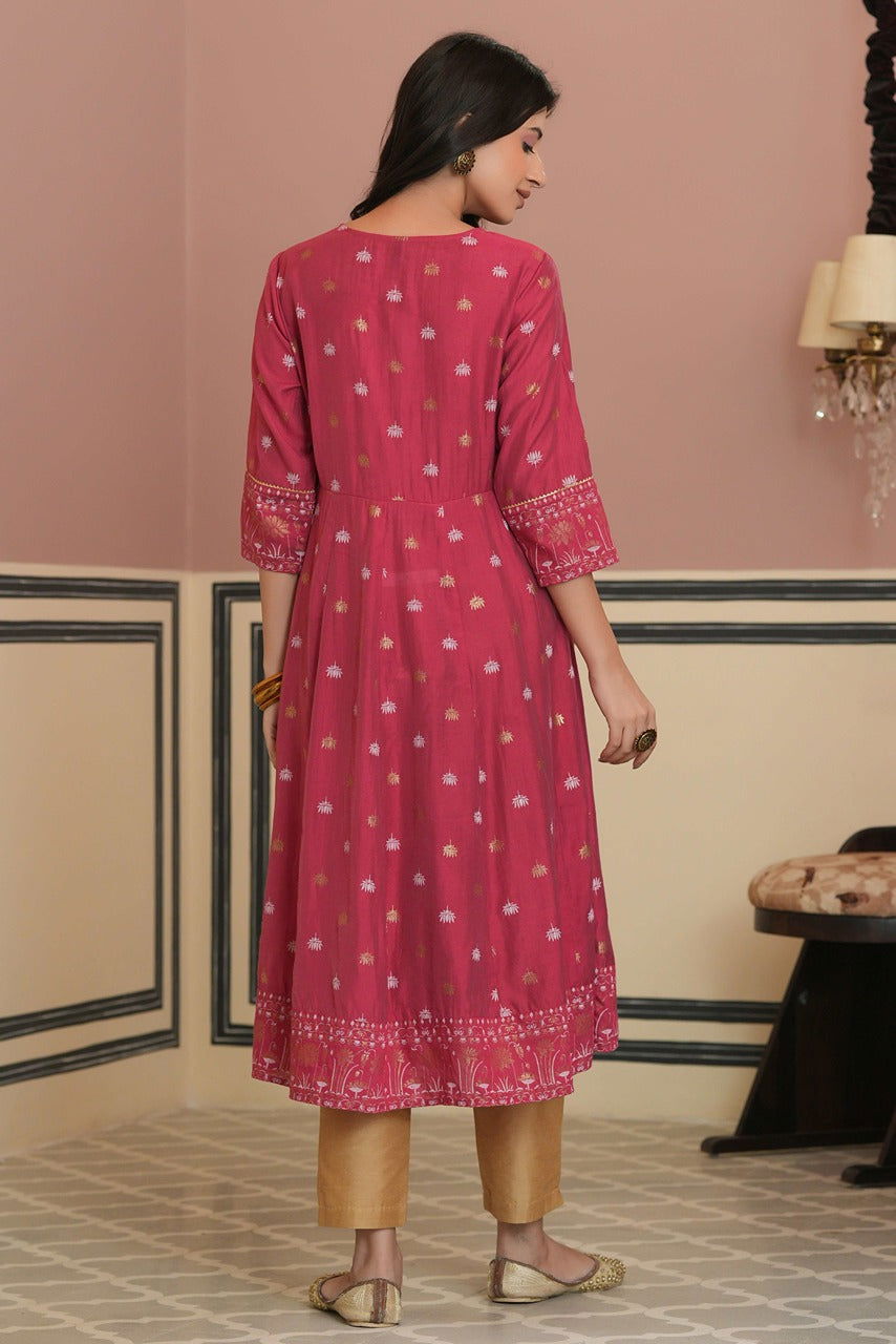 Juniper Fuchsia Chanderi Festive Handwork Sequence Anarkali Kurta For Women 