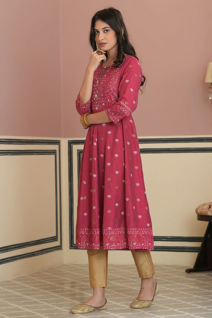 Juniper Fuchsia Chanderi Festive Handwork Sequence Anarkali Kurta For Women 