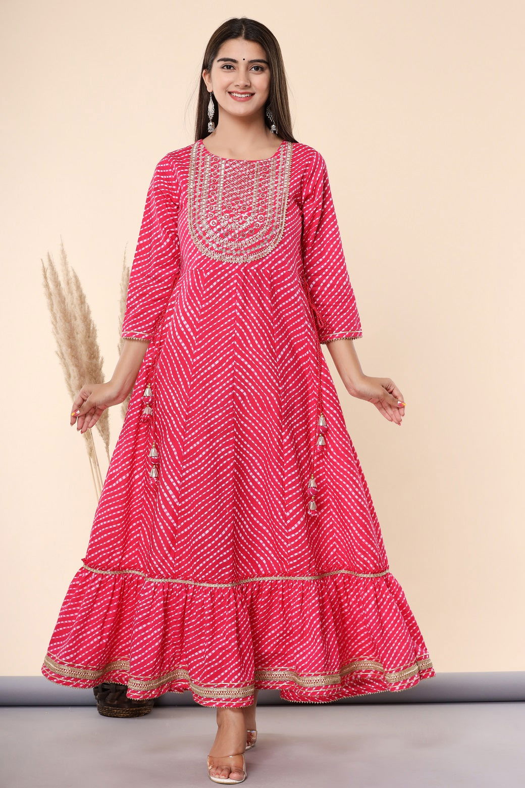 Juniper Fuchsia Cotton Leheriya Printed Anarkali Dress with Embroidered Yoke 