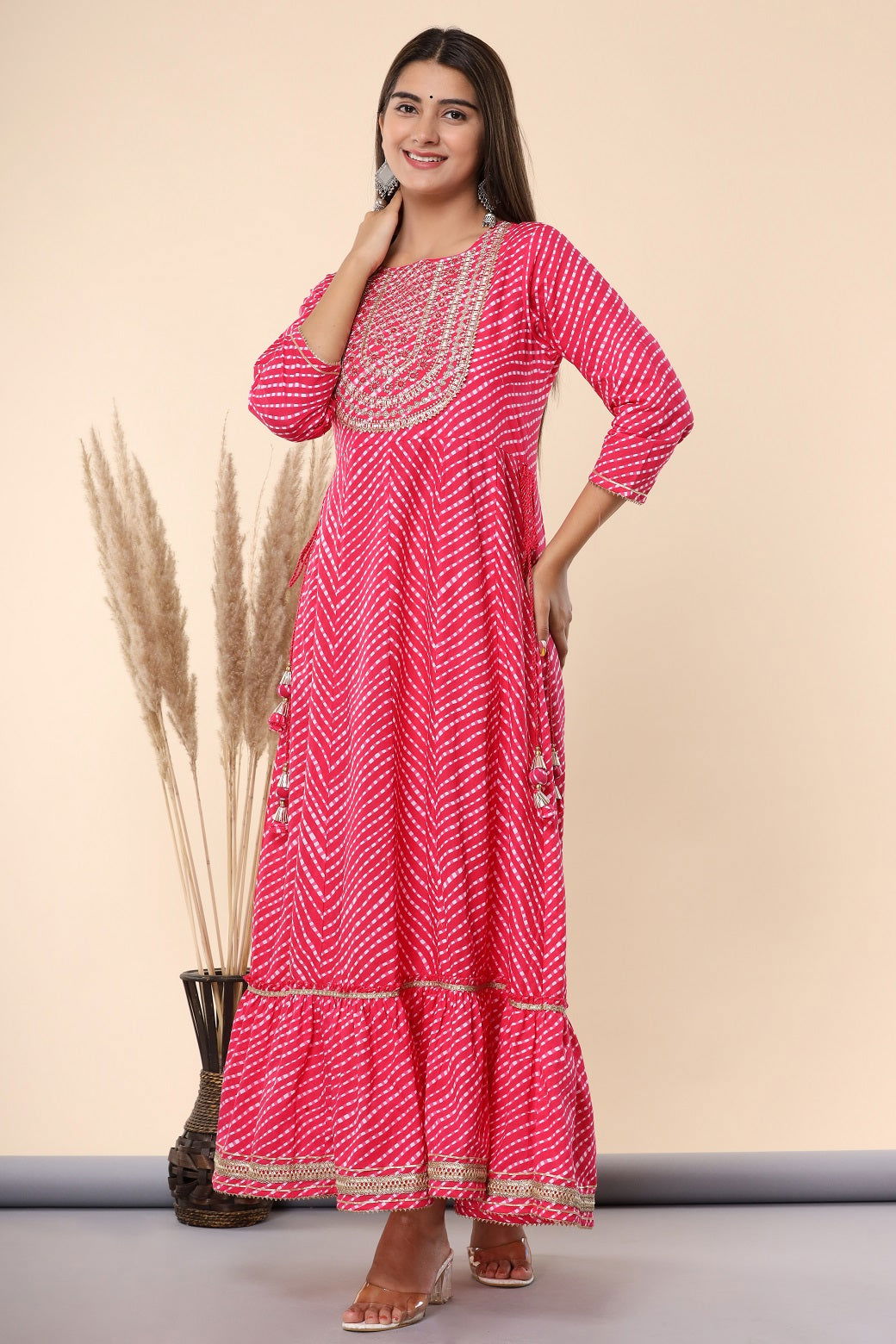 Juniper Fuchsia Cotton Leheriya Printed Anarkali Dress with Embroidered Yoke 