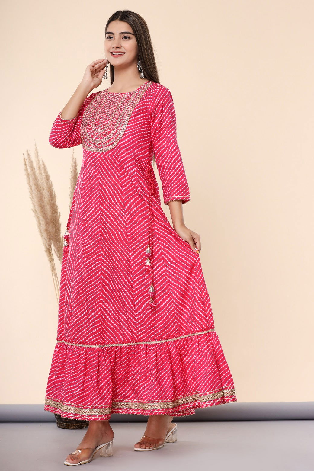 Juniper Fuchsia Cotton Leheriya Printed Anarkali Dress with Embroidered Yoke 