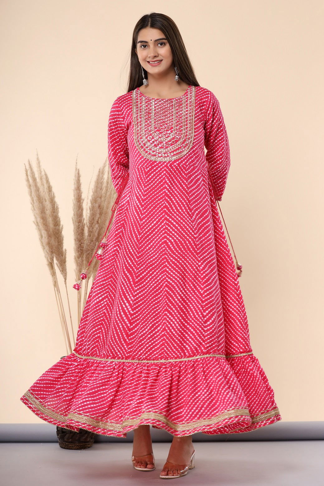 Juniper Fuchsia Cotton Leheriya Printed Anarkali Dress with Embroidered Yoke 