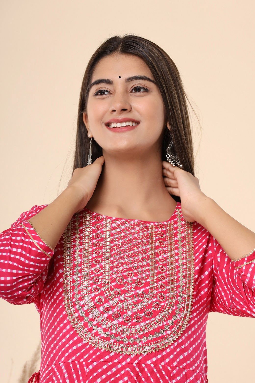 Juniper Fuchsia Cotton Leheriya Printed Anarkali Dress with Embroidered Yoke 