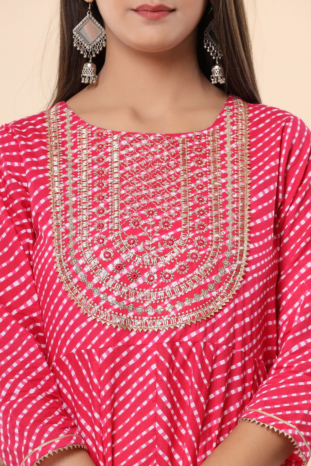 Juniper Fuchsia Cotton Leheriya Printed Anarkali Dress with Embroidered Yoke 