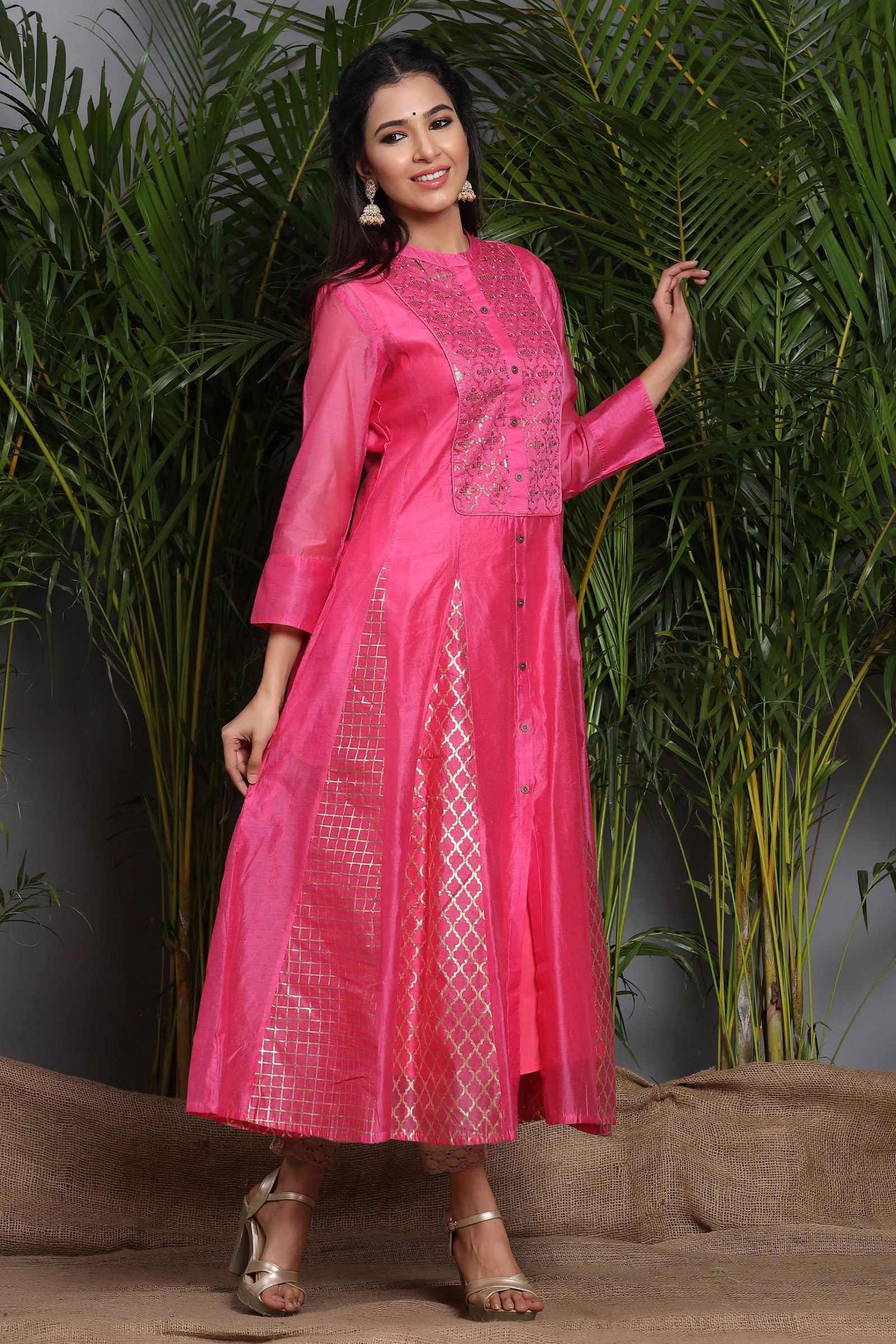 Juniper Fuchsia Ethnic Motif Printed Chanderi Embellished Anarkali Women Kurta 