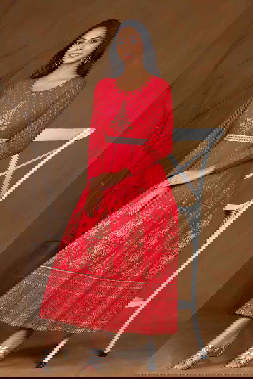 Juniper Fuchsia Ethnic Motif Printed Rayon Flared Maxi Dress. 