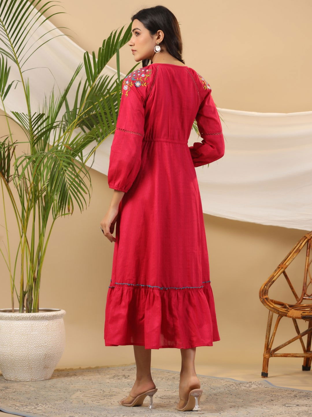 Juniper Fuchsia Floral Embroidered Cotton Dobby Tiered Maxi Dress With Kaudis & Colourful Tassels 