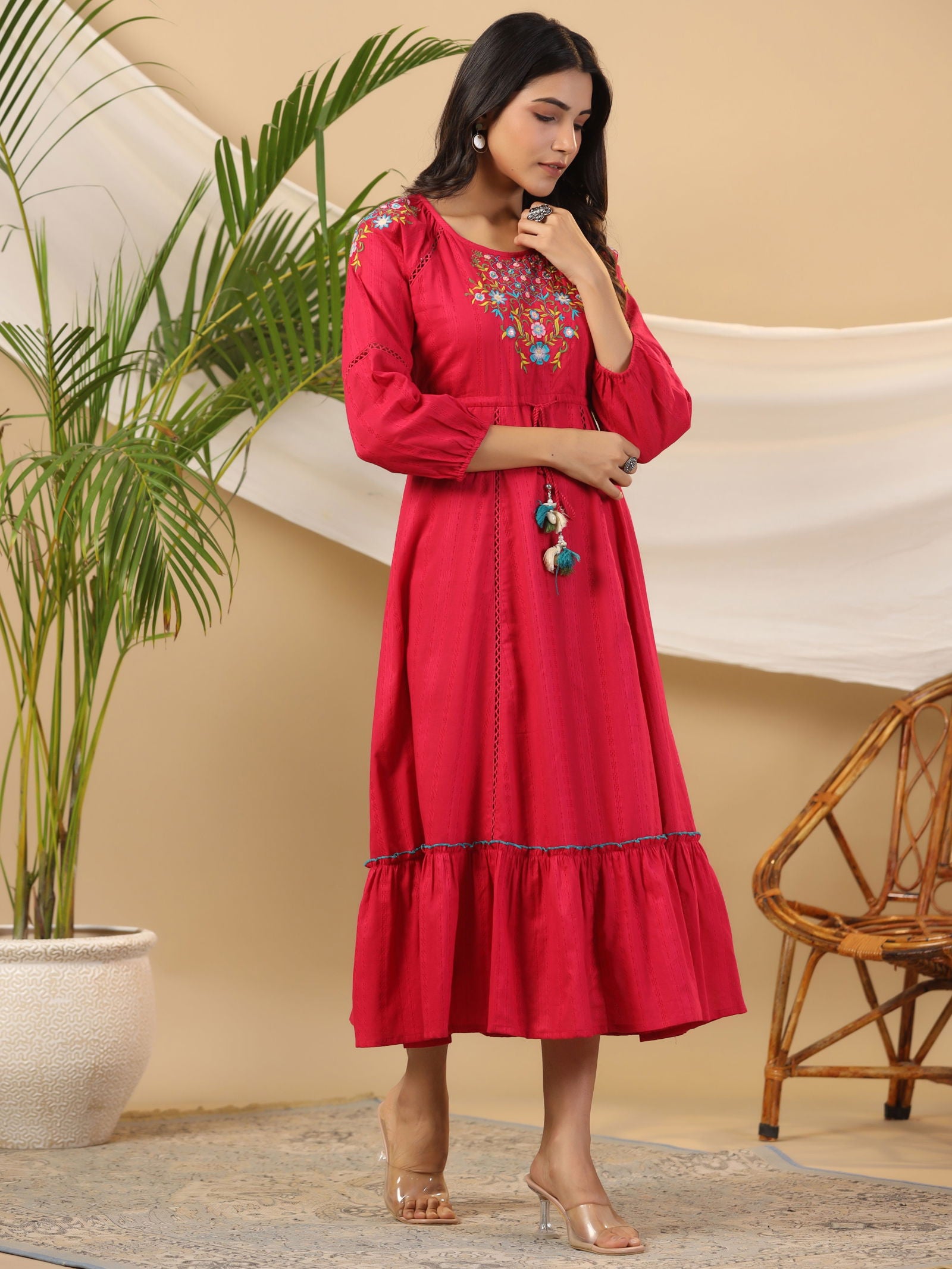 Juniper Fuchsia Floral Embroidered Cotton Dobby Tiered Maxi Dress With Kaudis & Colourful Tassels 