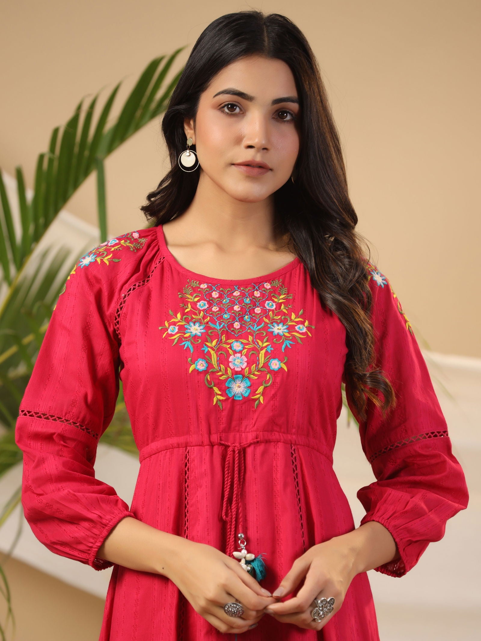 Juniper Fuchsia Floral Embroidered Cotton Dobby Tiered Maxi Dress With Kaudis & Colourful Tassels 