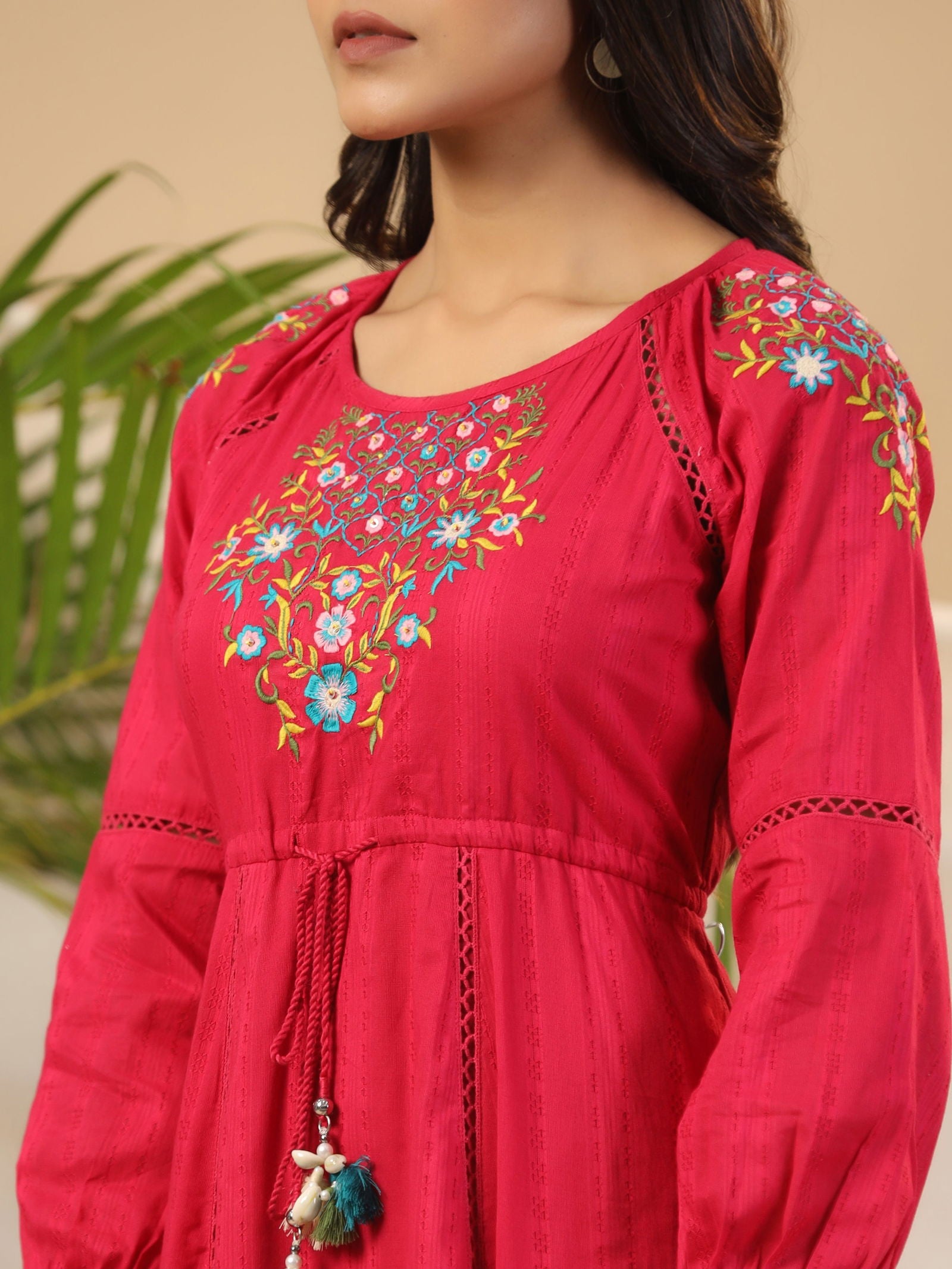 Juniper Fuchsia Floral Embroidered Cotton Dobby Tiered Maxi Dress With Kaudis & Colourful Tassels 