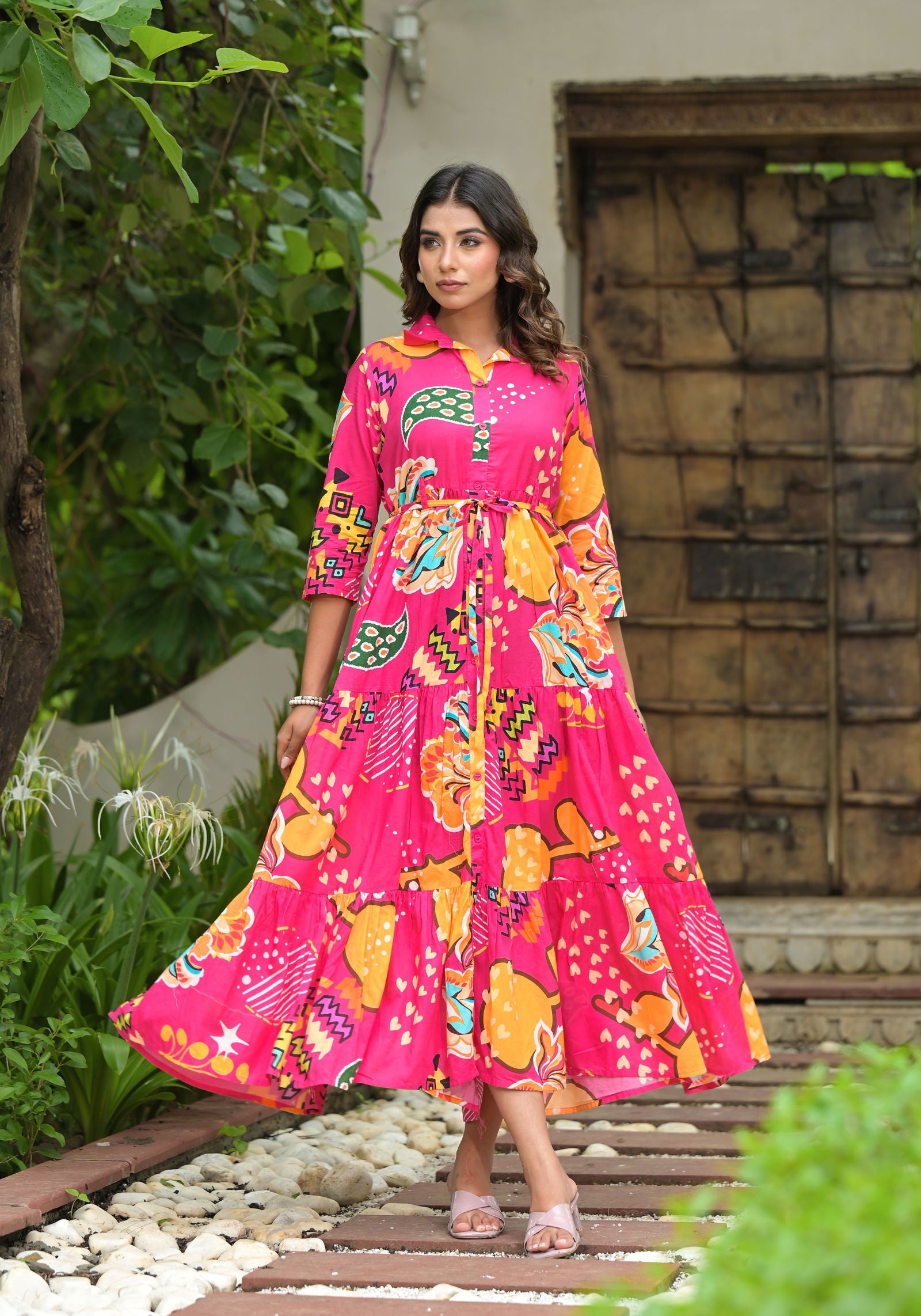 Juniper Fuchsia Geometric Printed Cambric Dress With Buttons & Doris On Waist 
