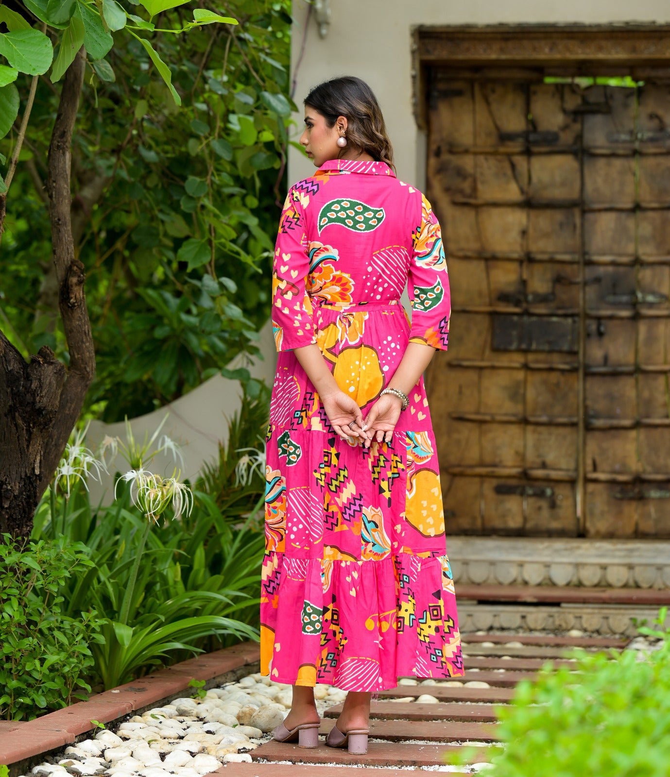Juniper Fuchsia Geometric Printed Cambric Dress With Buttons & Doris On Waist 