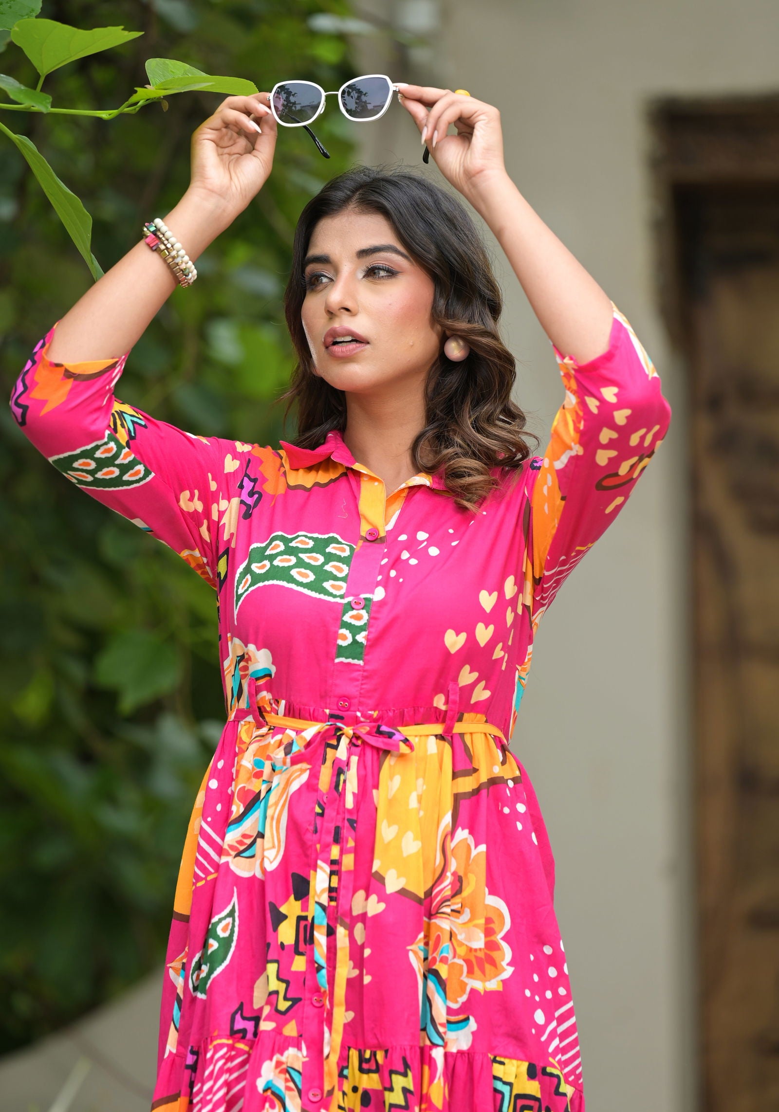 Juniper Fuchsia Geometric Printed Cambric Dress With Buttons & Doris On Waist 